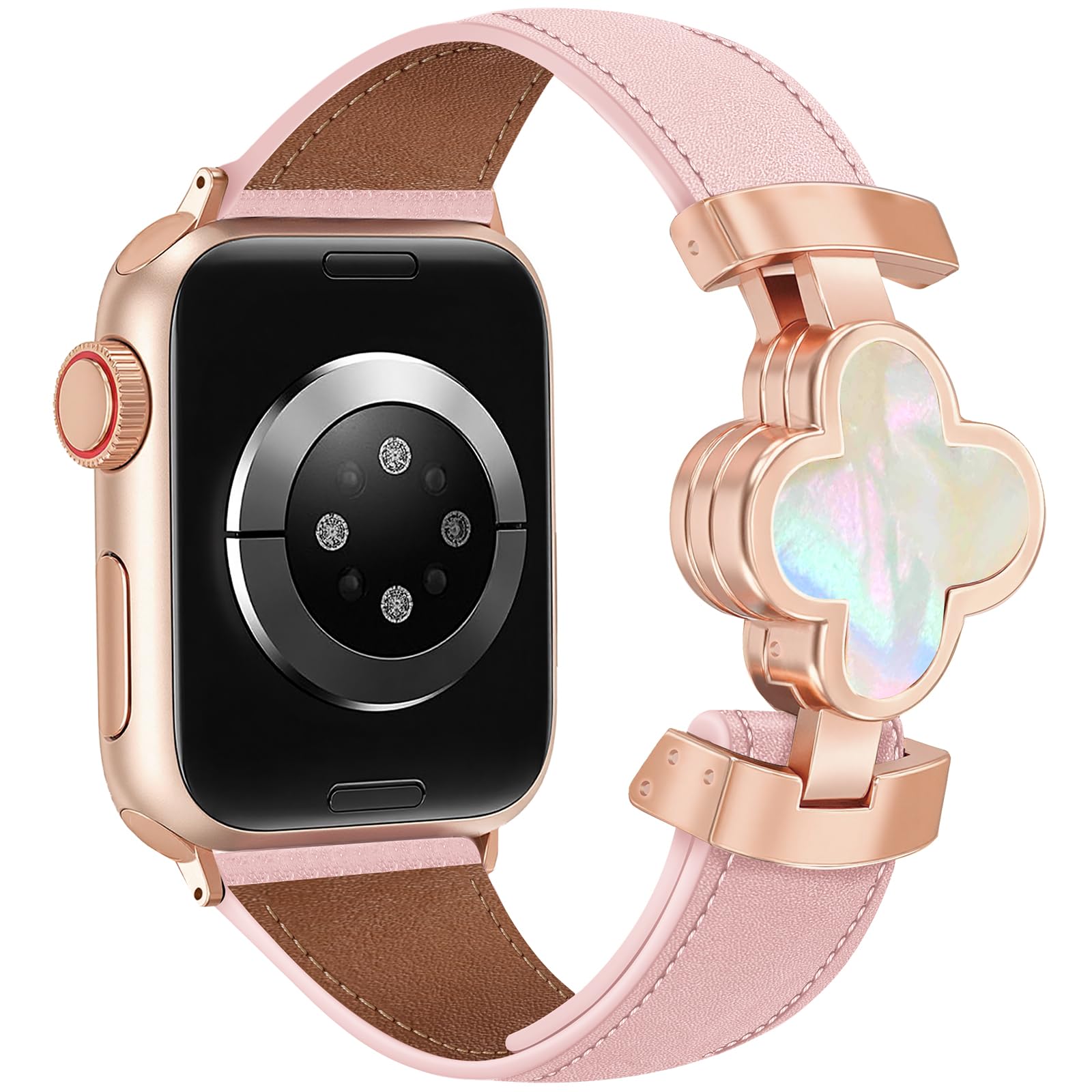 MOINSPIRE Designer Slim Leather Bands for Women,Lucky Four-Leaf Clover Cute Dressy Magnetic Watch Bands for iwatch Compatible with Apple Watch Series