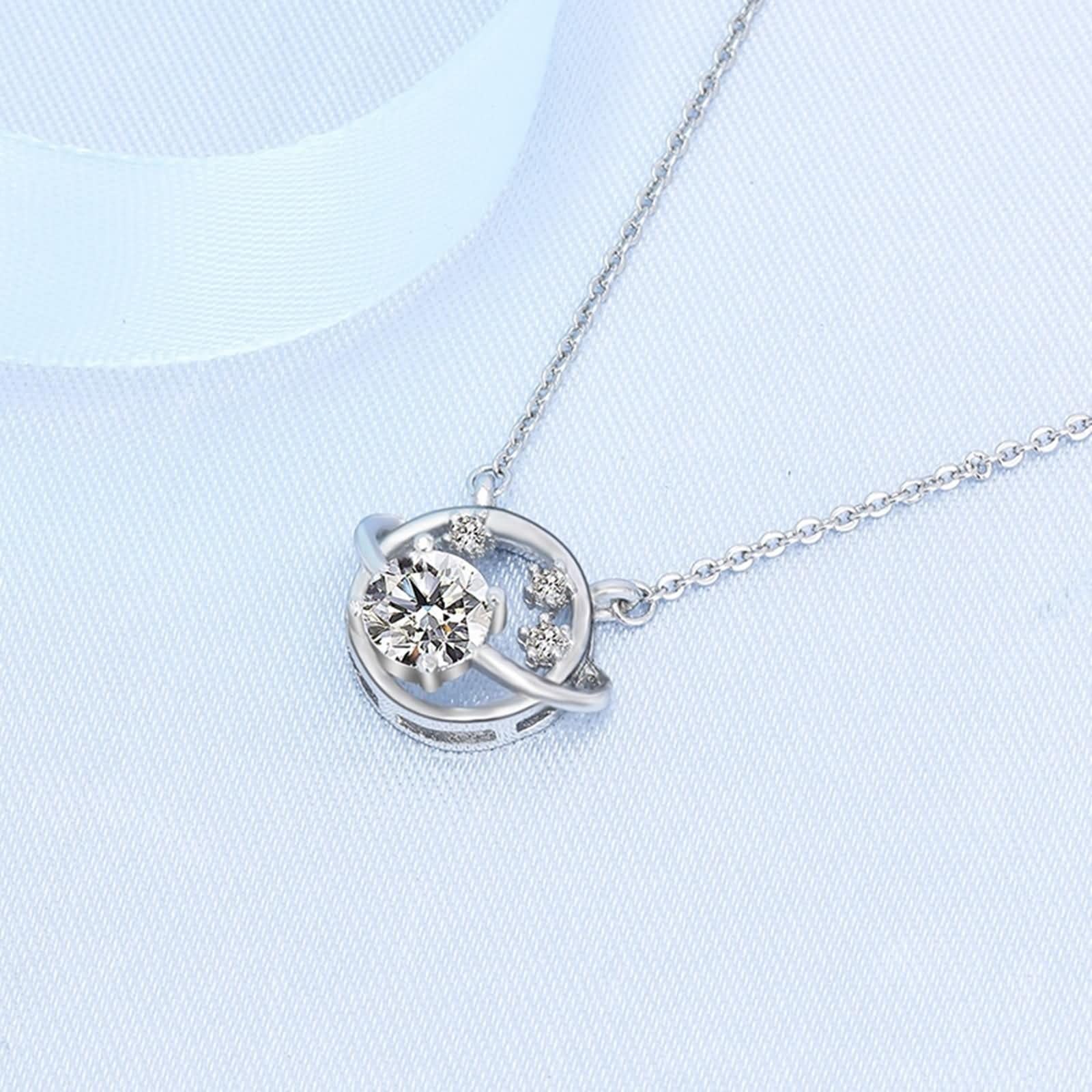 Colgante Collar Oro Blanco Mujer 9K / 14K / 18K, Planeta y Estrella con Diamante Creado y Moissanita, Colgante de Plata de Mujer