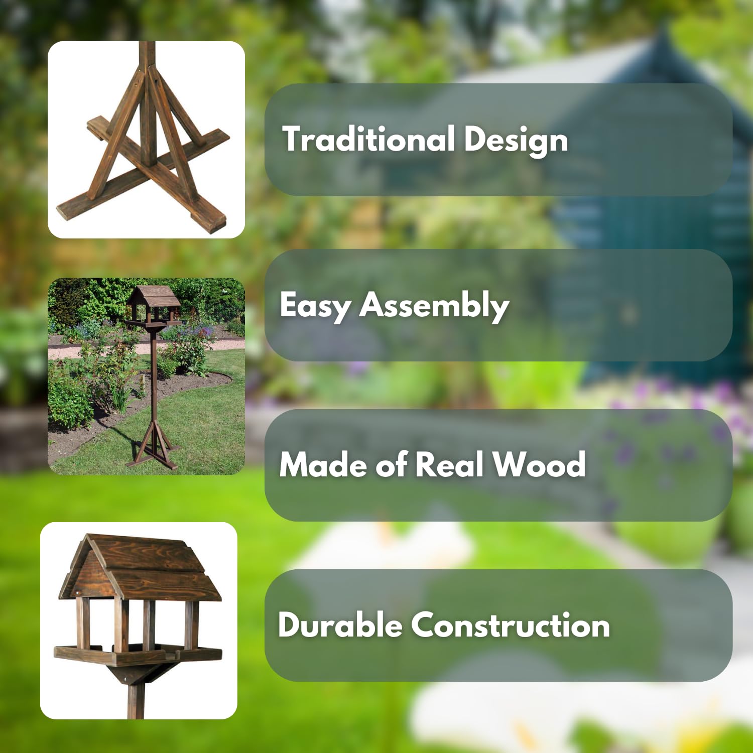 Garden Mile Tradizionale in Legno mangiatoia per Uccello da Giardino casa Dosatore impianto shelt Scacchi Nutrire Station Portatile Libero in Piedi