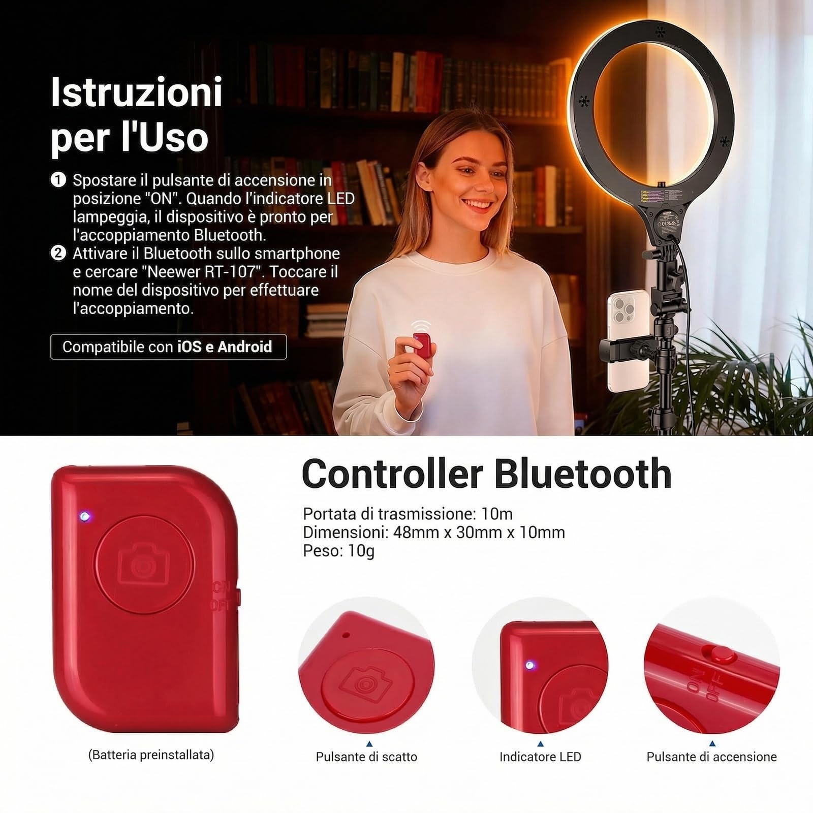 NEEWER ENTRY LEVEL VERSION 10,5" 10W Ring Light con Treppiede da 66", Porta Telefono Overhead Compatibile con iPhone, Luce per Selfie LED Bicolore CRI85+ per TikTok Registrazione Video Streaming, N43