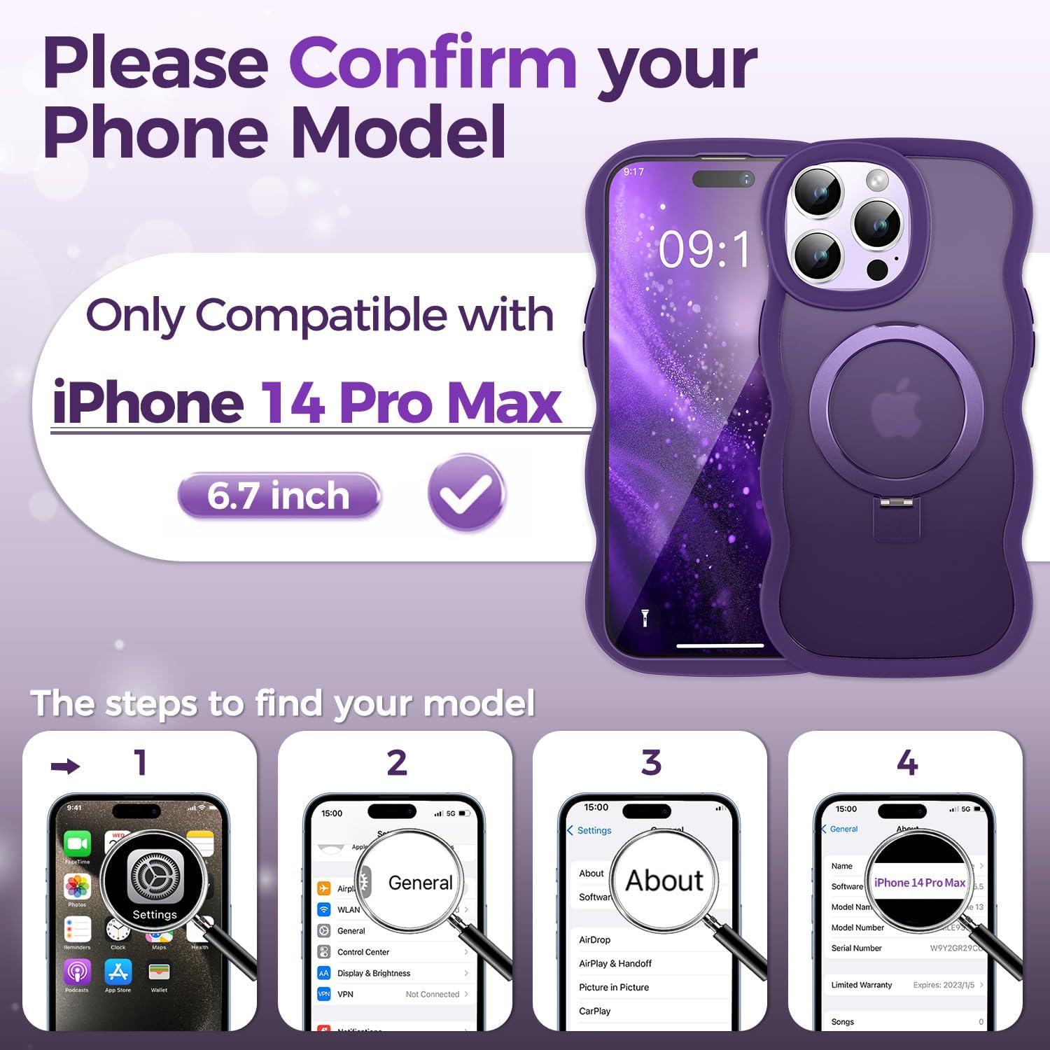 [Cute Wave Frame+Mag Stand] Designed for iPhone 14 Pro Max Case, [Fit for MagSafe] Translucent Silicone Protective Magnetic Ring Phone Case Cover for iPhone 14 Promax 6.7 inch Men Women, Purple - Image 8