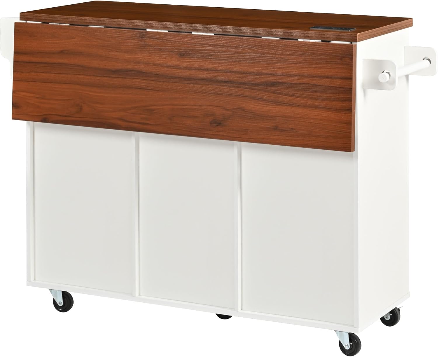 Merax Farmhouse 52 inch Kitchen Island on Wheels with Drop Leaf Table, Power Outlet, Wood Kitchen Rolling Cart with Faux Marble Top & 2 Doors & 2 Drawers, White