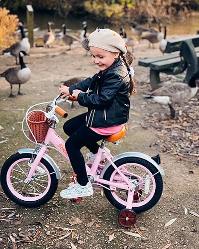 Miniatura 4 de JOYSTAR Bicicleta de 14 pulgadas para niñas de 3 a 5 años de edad, bicicleta para niños con ruedas de entrenamiento y cesta, bicicleta retro