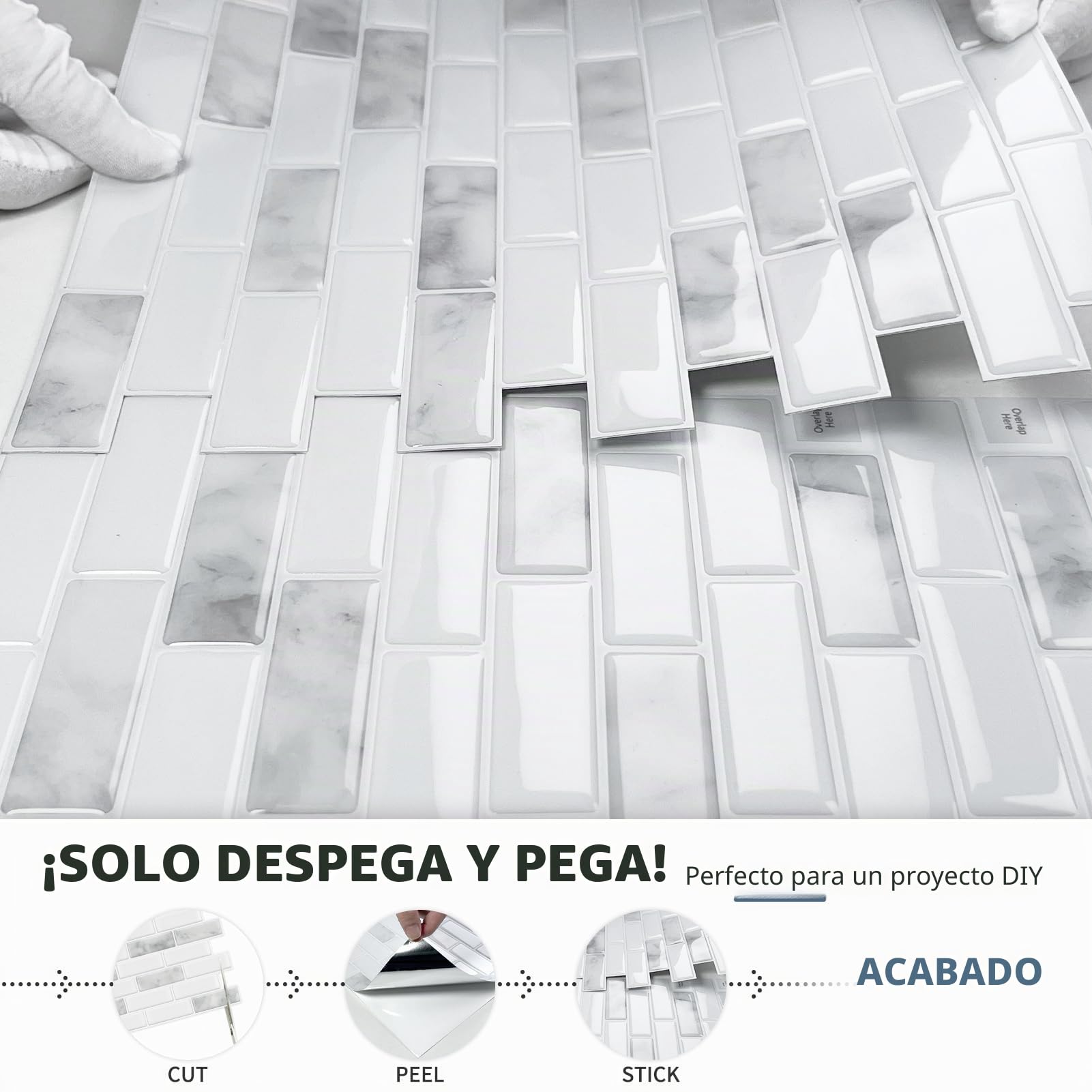 DEWOO Cristal Autoadhesivos Azulejos Vinilo Adhesivo Baldosas 3d Relieve Pared Mármol Piedra Cocina Baño,10-Piezas (30.5 x 30.5cm)