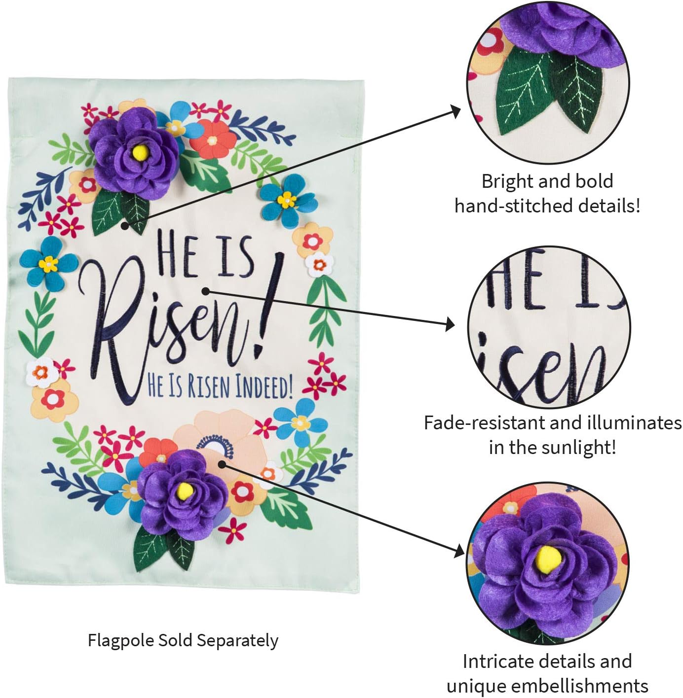 He is Risen Floral Garden Applique Flag - 13 x 1 x 18 Inches