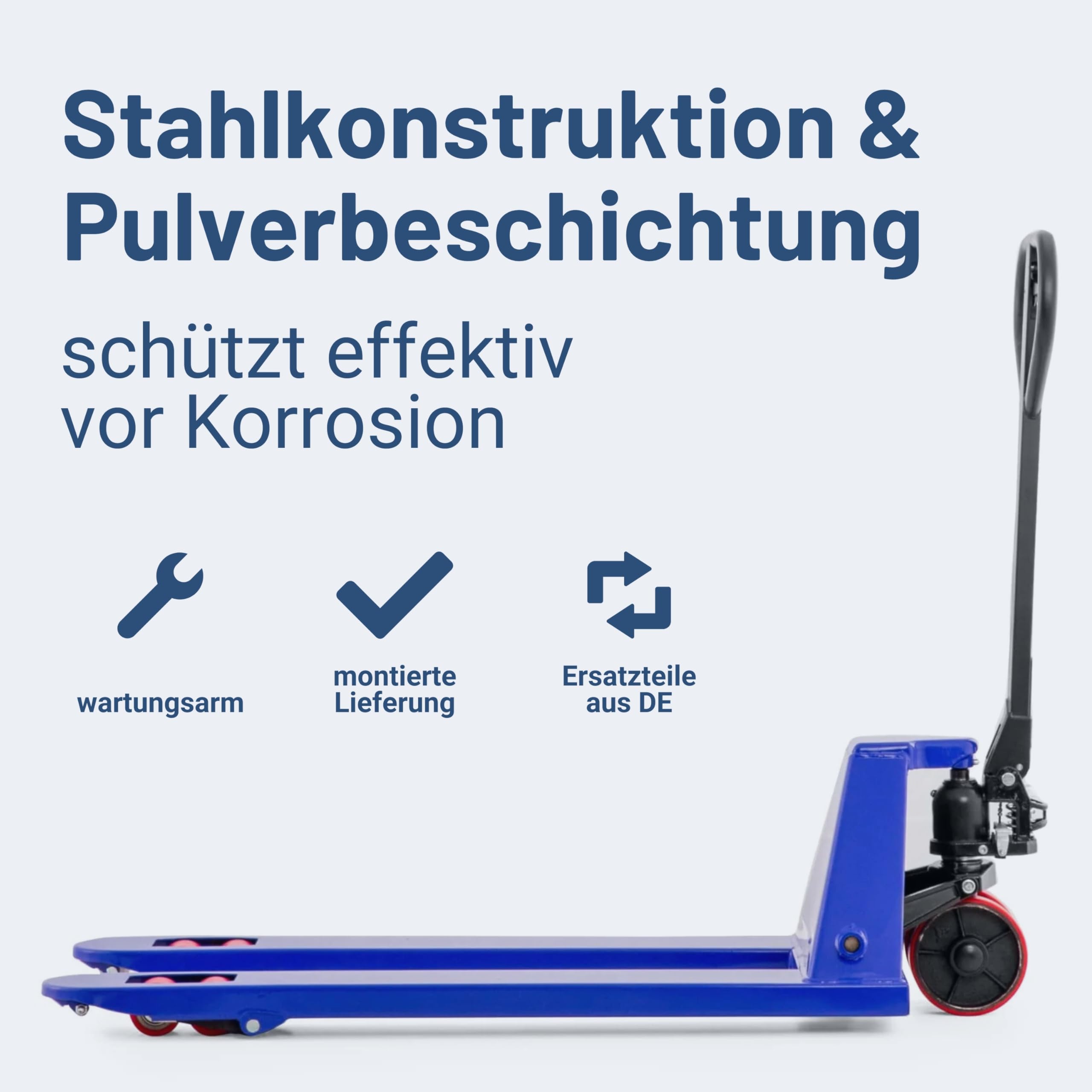 Pallit Five Hubwagen 2500 kg Palettenwagen 1150 mm Gabellänge Blau Robuster Gabelhubwagen mit PU Rollen Handhubwagen aus Stahl, langlebig