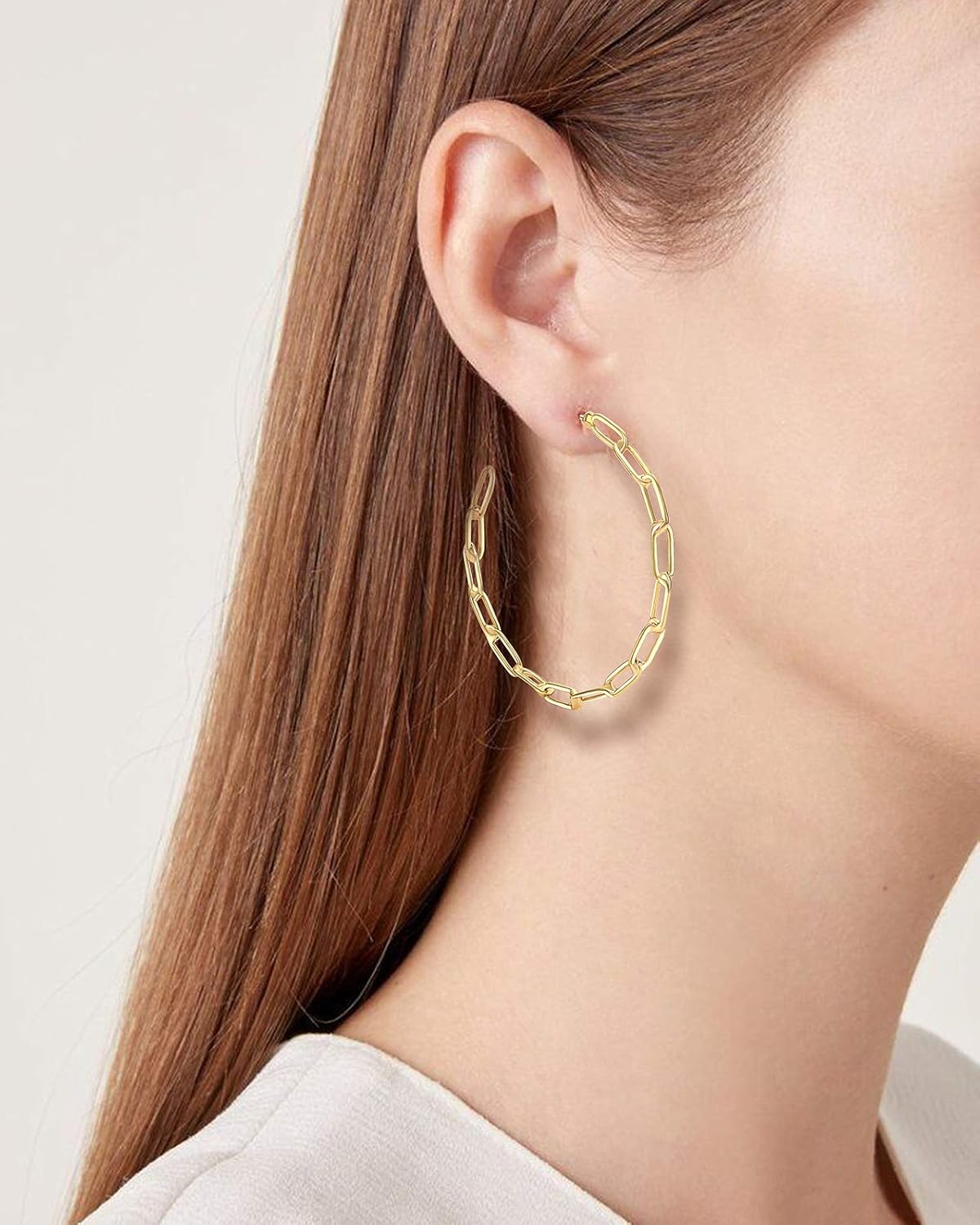 NLCAC 14K Gold Chain Hoop Earrings Chic Shiny Gold Paperclip Chain Link Big Hoop Earrings for Women - Image 2