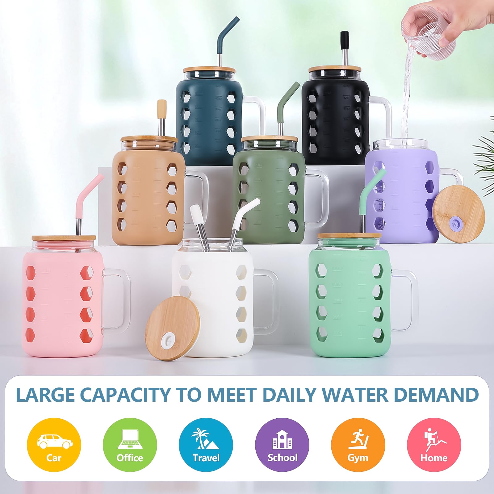 MUKOKO Glass Tumbler with Bamboo Lid and Straw, 50oz Glass Water Bottles with Time Marker, Iced Coffee Cup with Handle, Reusable Mug Cup Drinking Glasses with Silicone Sleeve BPA Free - Blue