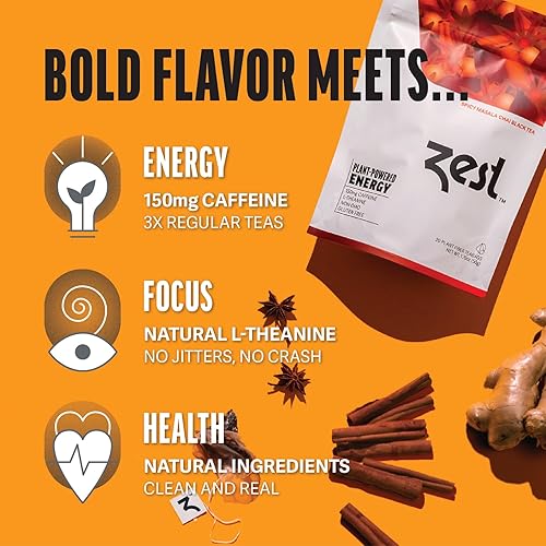 Miniatura 4 de Zest - Mezcla de hojas energéticas de alta cafeína de 150 mg, té negro Masala Chai picante, bolsa de 20 unidades, alternativa de café saludable con