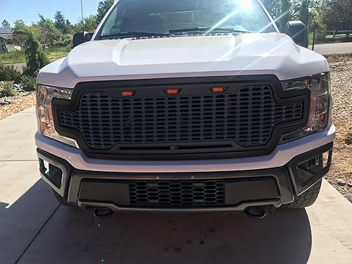 Miniatura 6 de Kojem Parrilla de parachoques delantero compatible con Ford F150 2018 2019 2020 W/3 luces LED, capó de panal de abeja, rejilla de malla gris mate