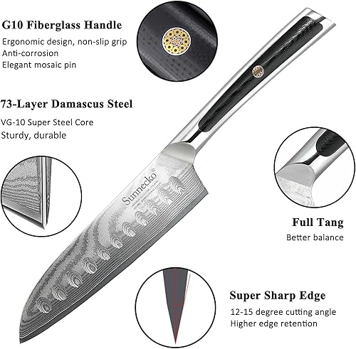 Vista 21 de Sunnecko Cuchillo de cocina japonés de Damasco Santoku de 7 pulgadas, cuchillo de cocina profesional de acero de alto carbono con mango G10