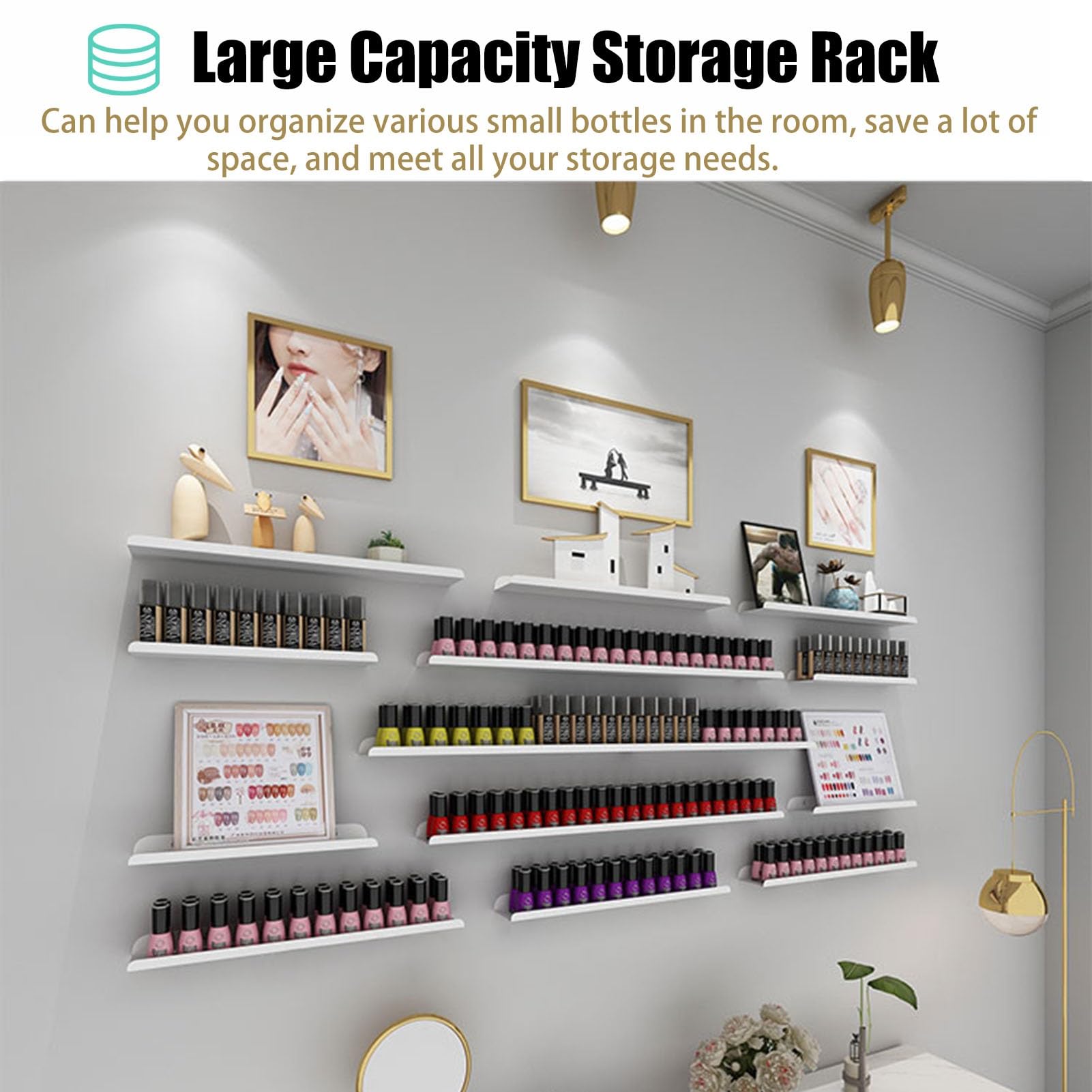 Nagellack-Regal für die Wand, Nagellack-Display-Organizer aus Metall, Wandregalhalter, Lippenstift- und Parfüm-Aufbewahrungs-Organizer für Nageltechniker (Gold, 100 cm)