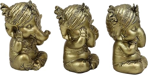 Miniatura 3 de Ebros - Juego de 3 figuras de elefante hindú dorado, Dios, Señor, Ganesha, con turbante, 4 pulgadas de alto, Deidad de las artes, sabiduría y