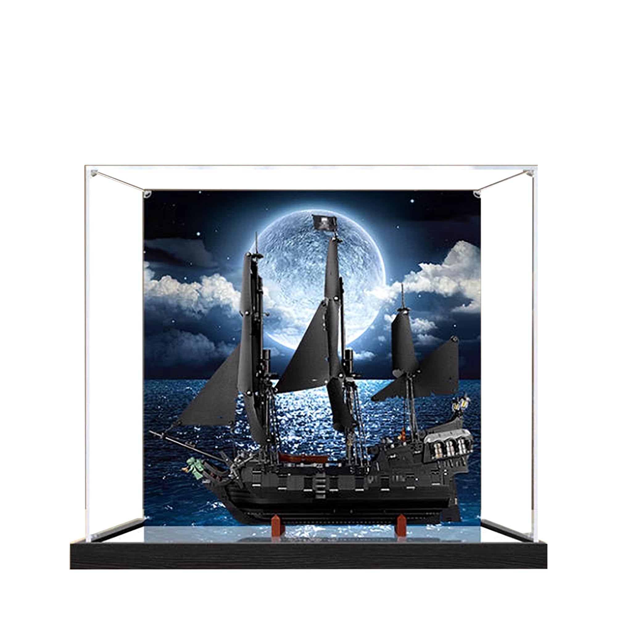 Acrylic Display Case for Lego 10365 Black Pearl Pirate Ship Model, 3mm Dustproof Display Box, Display Case Compatible with Lego 10365 (Model Not Included) (Background+Mirror A)