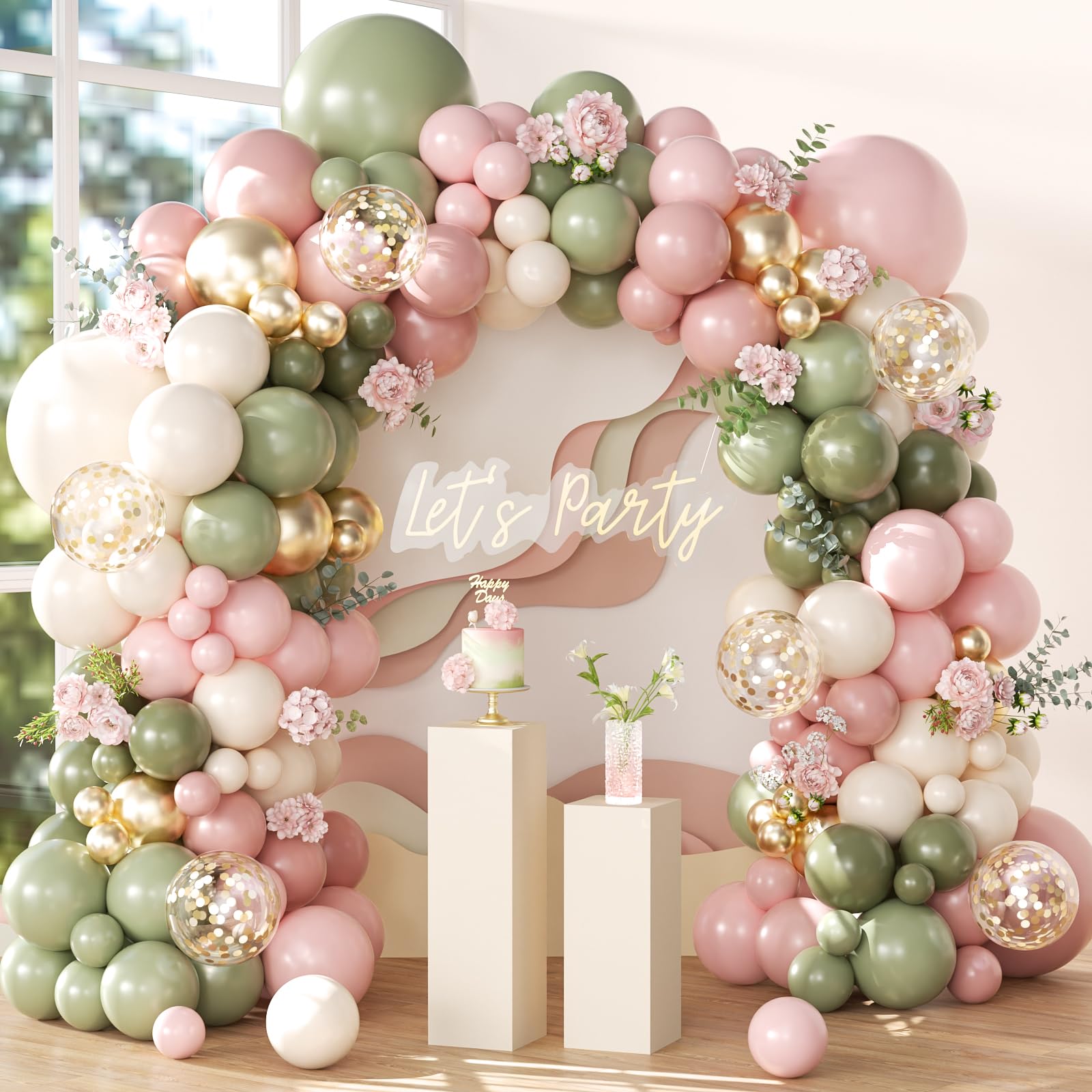 Ballonbogen-Set für Babypartys, Salbeigrün und Rosa