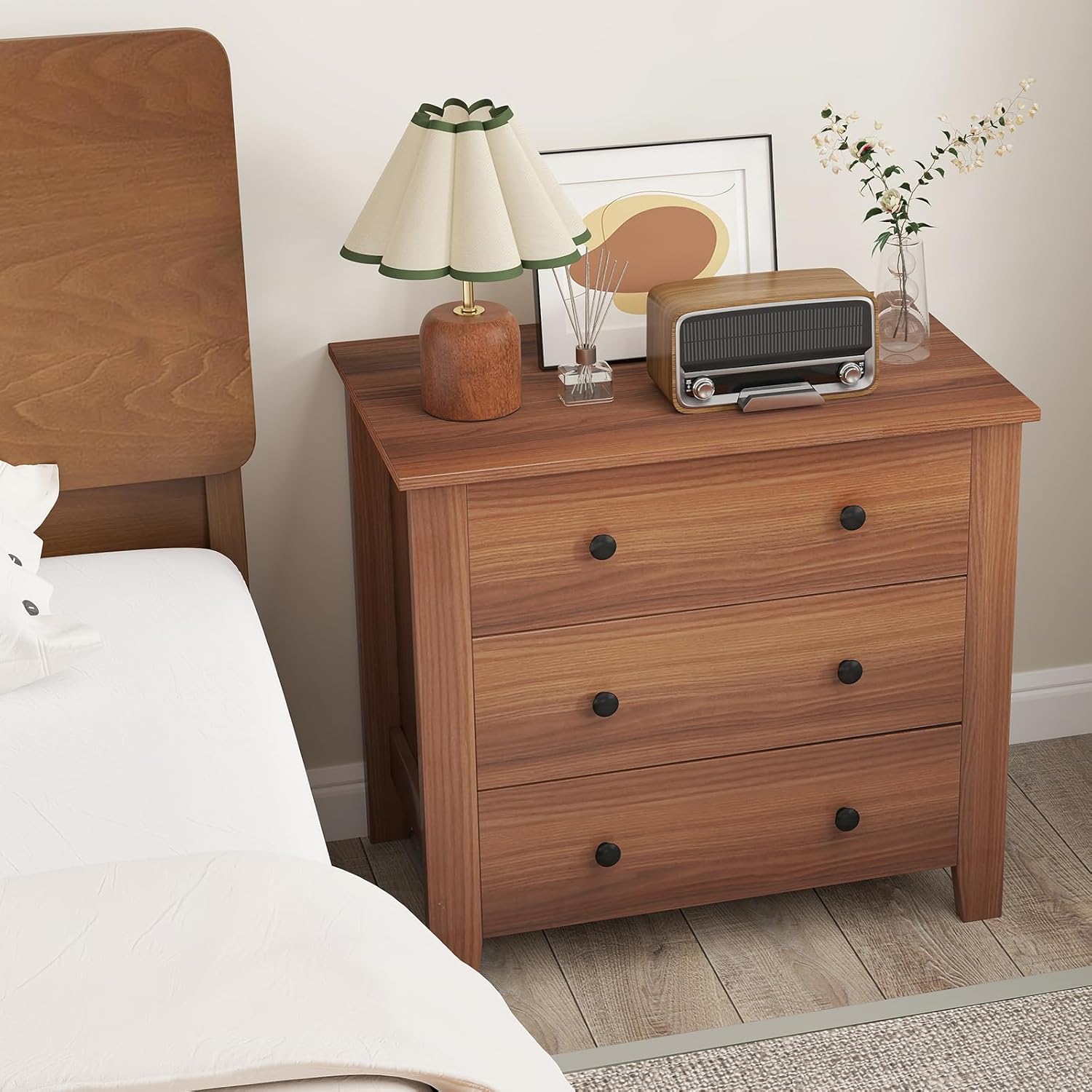 LOKO 3-Drawer Wooden Dresser, Vintage Chest of Drawers with Round Metal Knobs, Sofa Beside Table, Nightstand, Mid-Century Modern Dresser for Bedroom, Kids Room, 28.5" x 18" x 26" (Walnut)