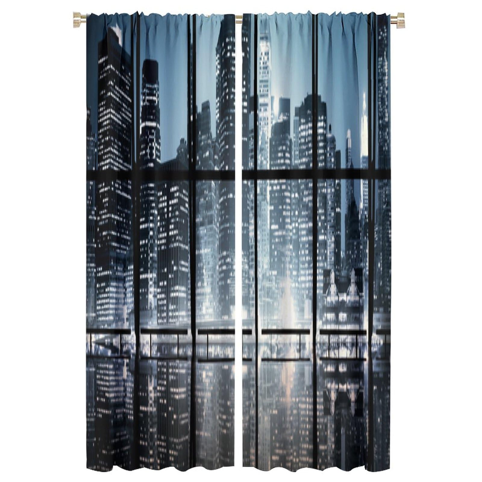 Modern Curtains, Modern New York City Scenery at Night with Skyscrapers Buildings Print for Living Rooms and Bedrooms Drapes 2 Panels 42x63in