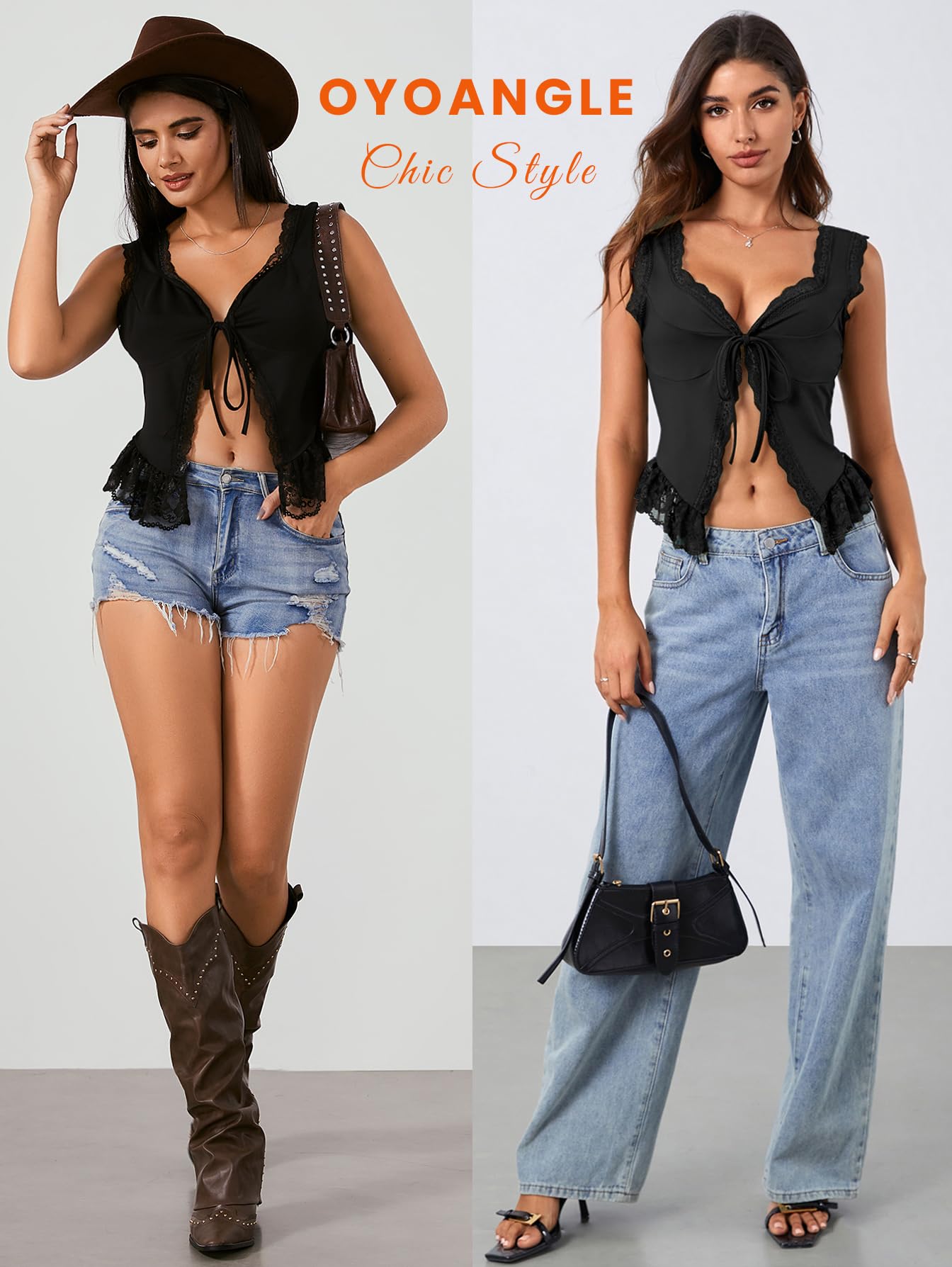 OYOANGLE Women's Summer Casual Tie Front Top Sleeveless V Neck Lace Trim Going Out Crop Blouse