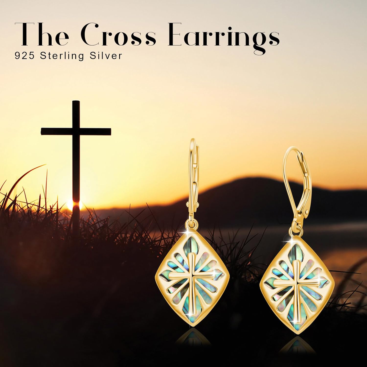 Cross Earrings for Women Sterling Silver Abalone Shell Cross Dangle Earrings Lever Back Drop Earrings Religious Jewelry Gifts - Image 4