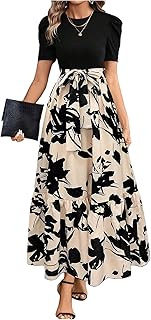 Women's Floral Print Color Block Maxi Dress Puff Sleeve Belted A Line Dr...