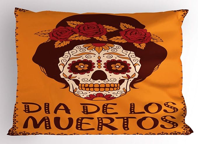 Ambesonne Sugar Skull Pillow Sham, Mexican Skull Girl with Hair and Flower Wreath Print, Decorative Standard King Size Printed Pillowcase, 36