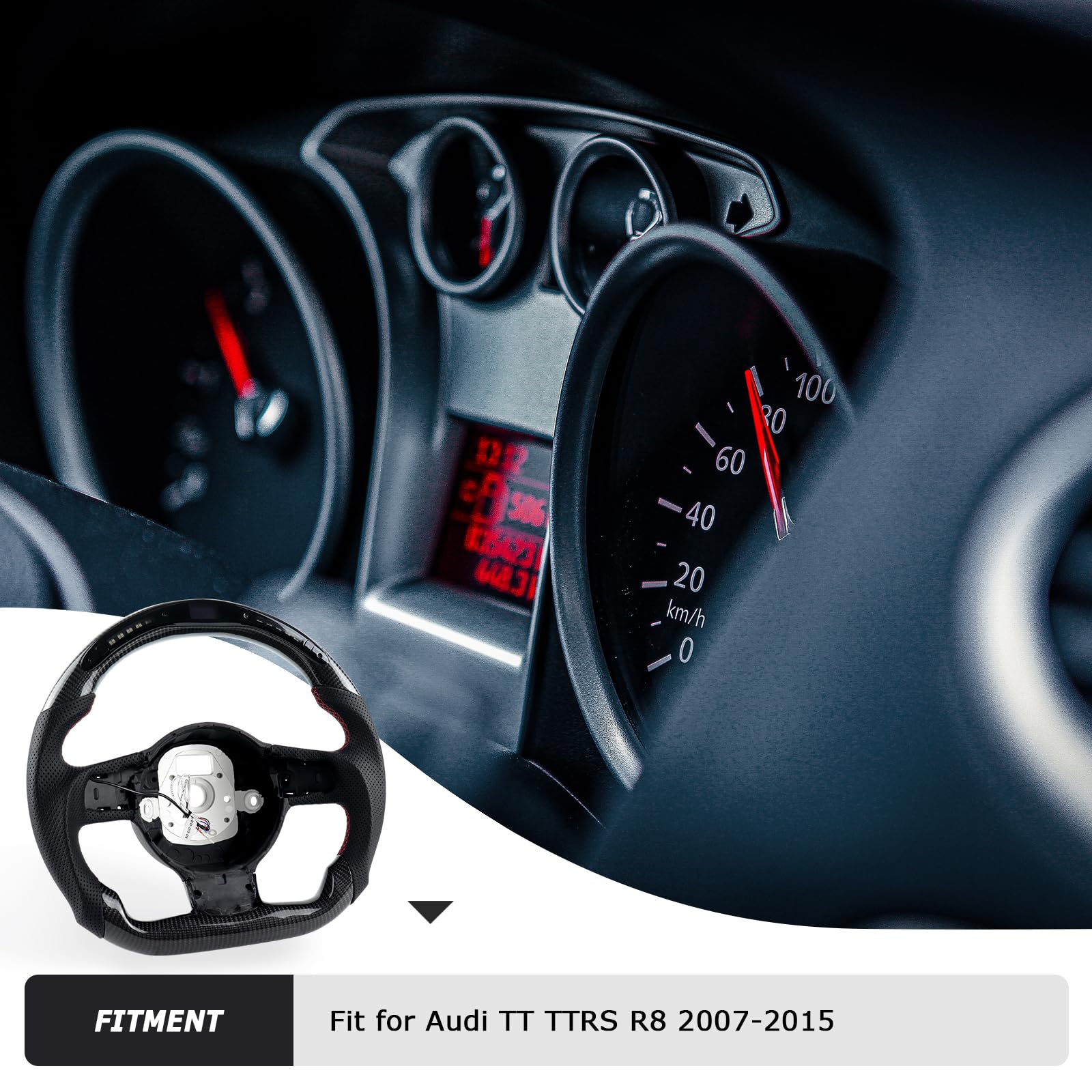 Volante de fibra de carbono, volante en forma de D con fondo plano e indicador de cambio LED, volante de cuero personalizado, asas de cuero perforadas para Audi TT TTRS R8 2007-2015