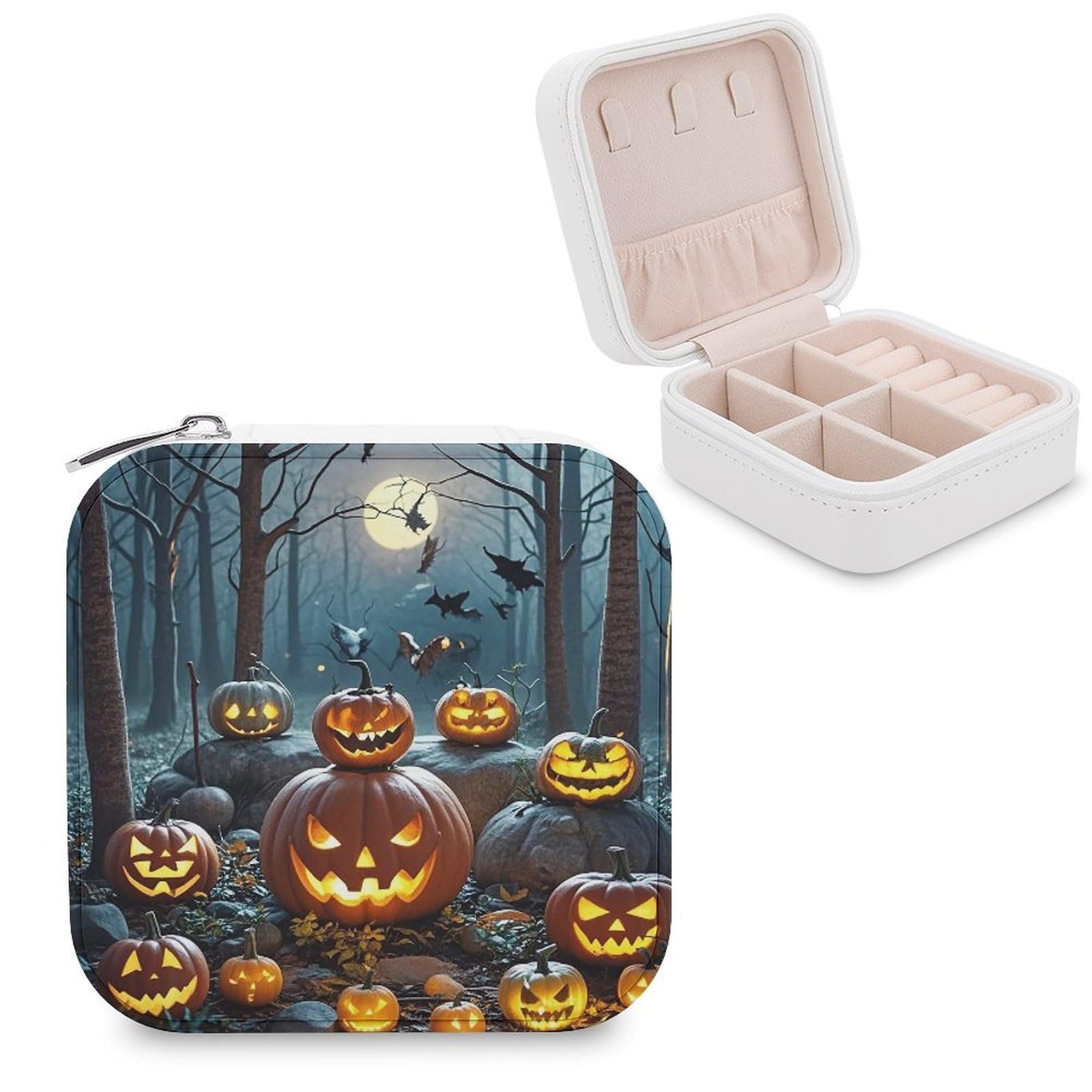 LZQPOEAS Terrifying Pumpkin in The Forest Jewelry Box Mini Jewelry Travel Case Trendy Stuff Ring Box Custom PU Leather Jewelry Boxes Portable Jewelry Case Earring Storage Organizer for Girls Women