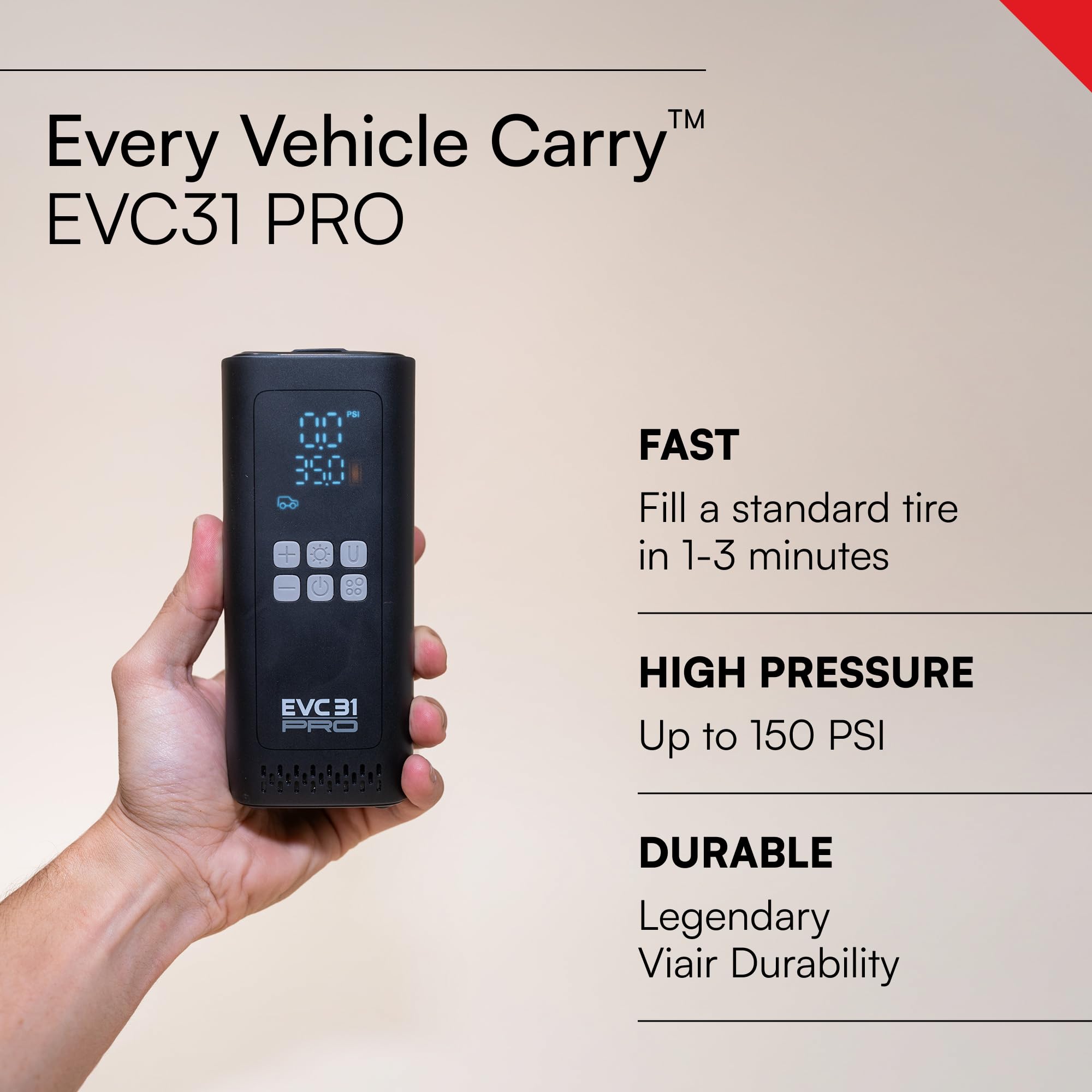 Viair Cada vehículo lleva EVC31 PRO – Compresor de aire portátil – Medidor de presión de neumáticos LED y apagado automático, ideal para kits de emergencia de coche