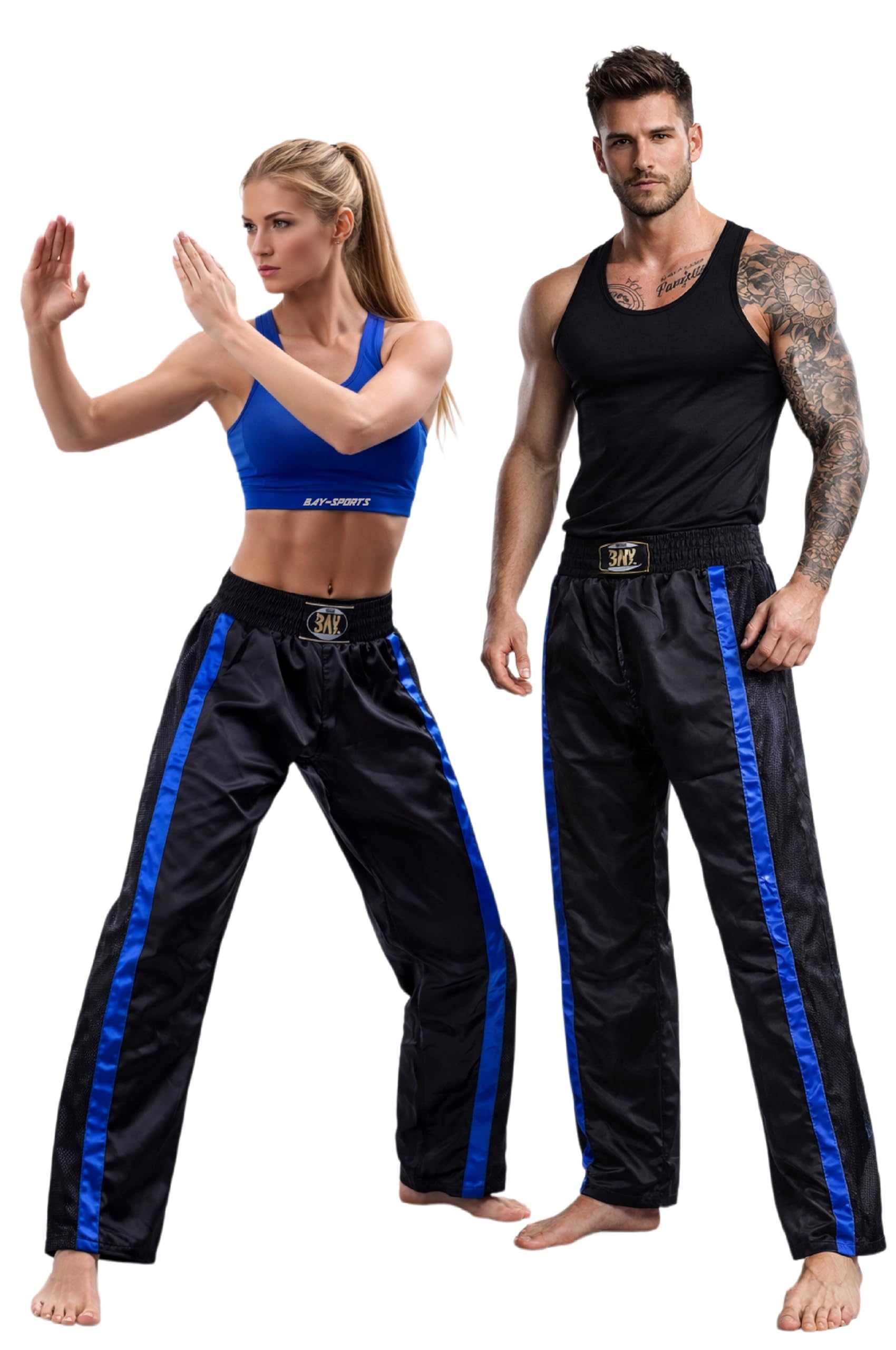 Bay Netz Mesh Kickboxhose Kampfsporthose Schwarz lang Mesh-Netzeinsatz Kontraststreifen in Blau seitlich Polyester Erwachsene Damen Herren Kinder Jungen Mädchen Größen 5XS - XXL