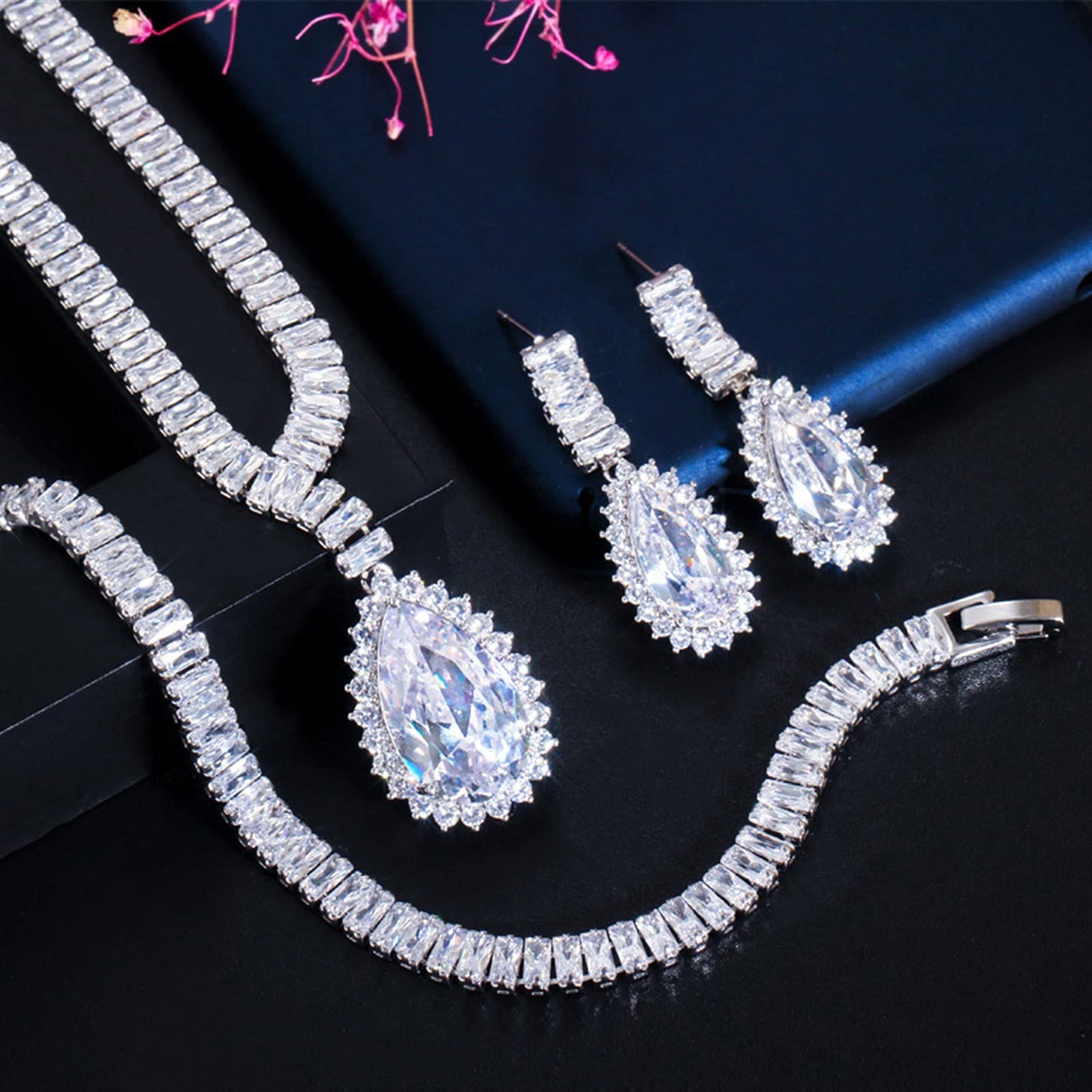 Gioielli Bianco Lucido Grande Goccia d'Acqua zirconi da Donna Collana da Sposa e Orecchini Set di Gioielli da Sposa