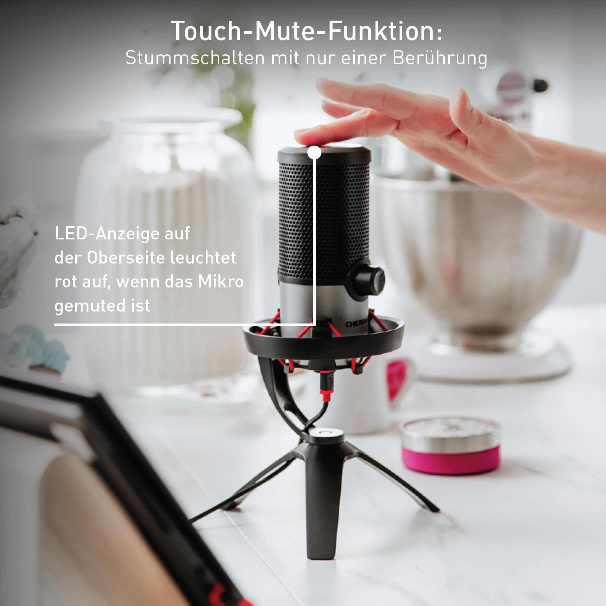 CHERRY UM 6.0 Advanced, USB-Mikrofon für Streaming, Podcast, Home-Office, 2 Richtcharakteristiken, Shock Mount, Kompatibel mit PC/Mac/PS4/PS5, Schwarz-Silber