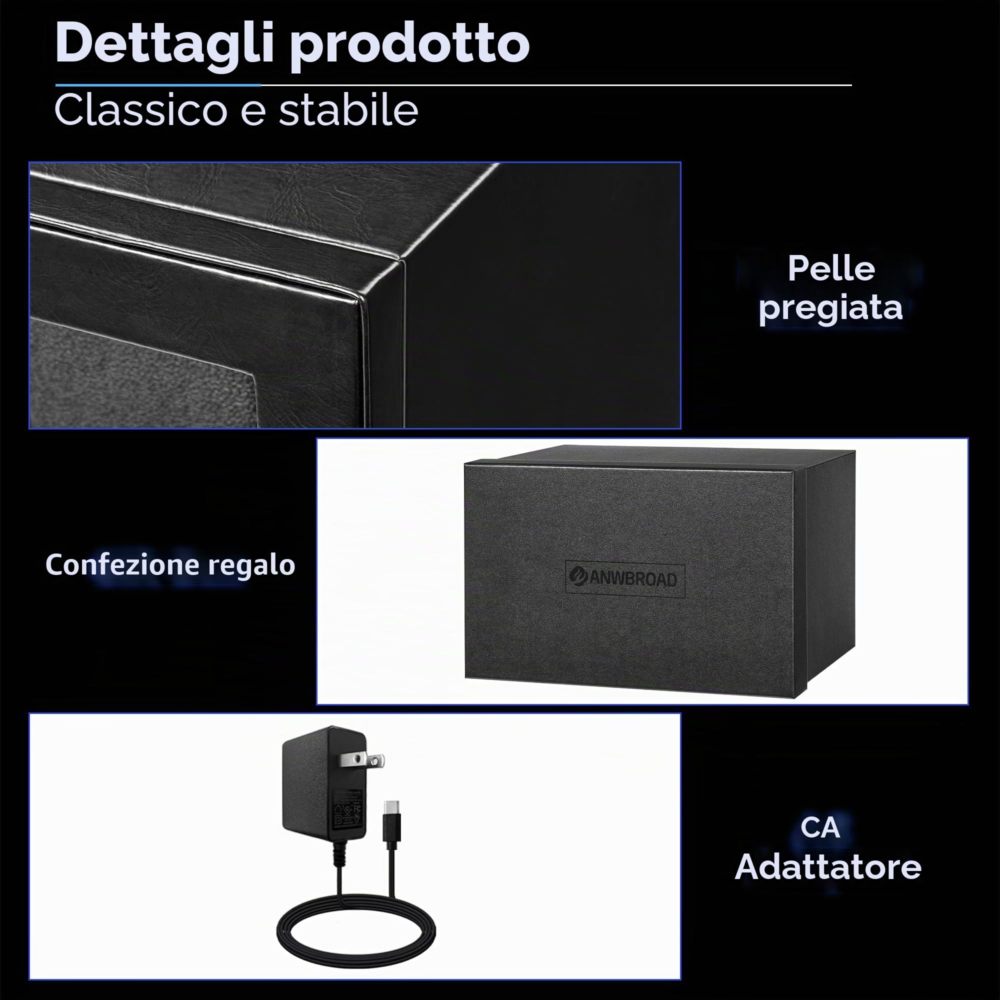 ANWBROAD Caricaorologi per orologi automatici, doppio rotatore per orologi con LED e 4 modalità, motore Mabuchi super silenzioso, adattatore UJWW004B