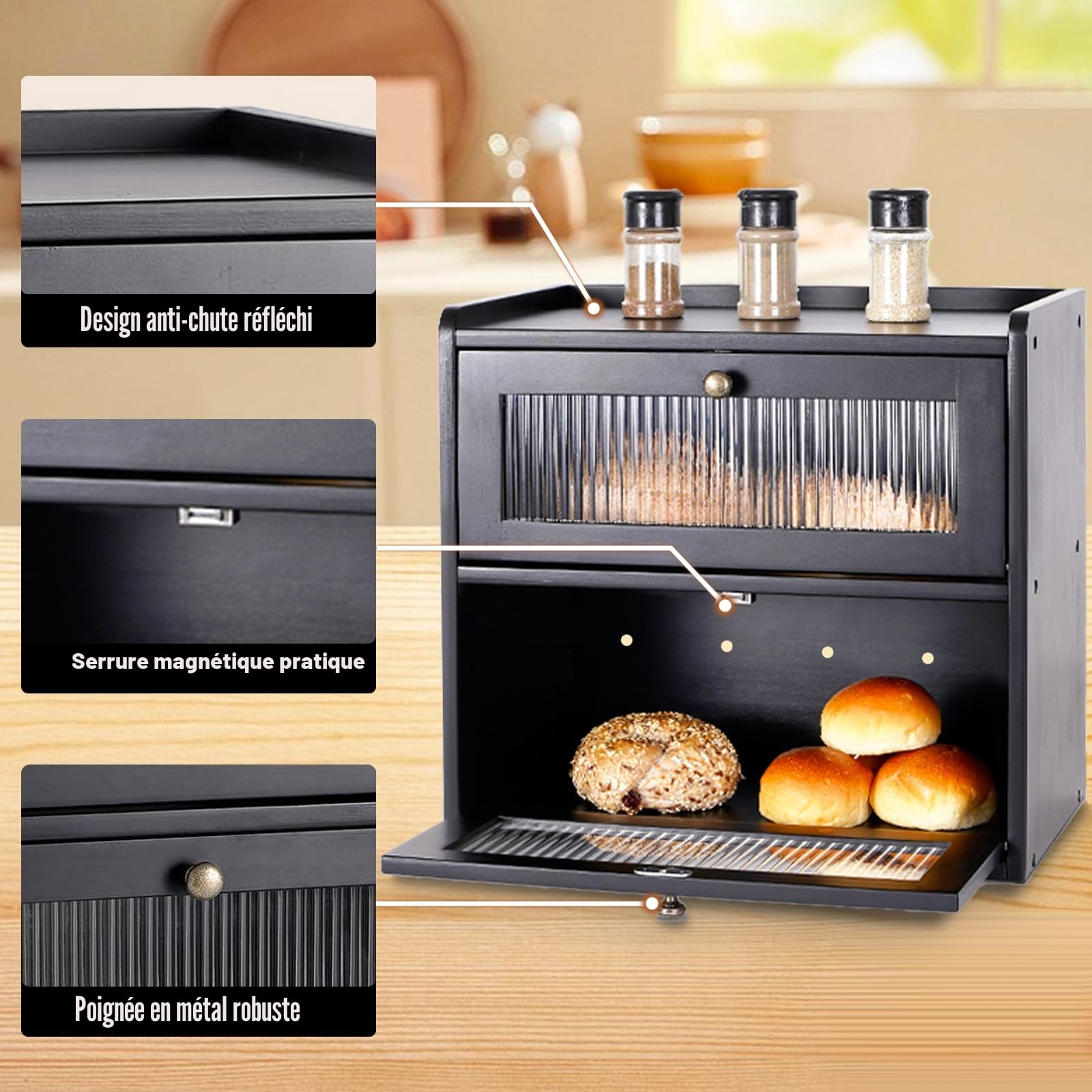 Huche à Pain Grandes BoîTes de Rangement Pour Pain En Bois Massif Double Boite a Pain BoîTe de Rangement Pour PâTisseries Avec Porte MagnéTique En Acrylique Huche à Pain (Noir)