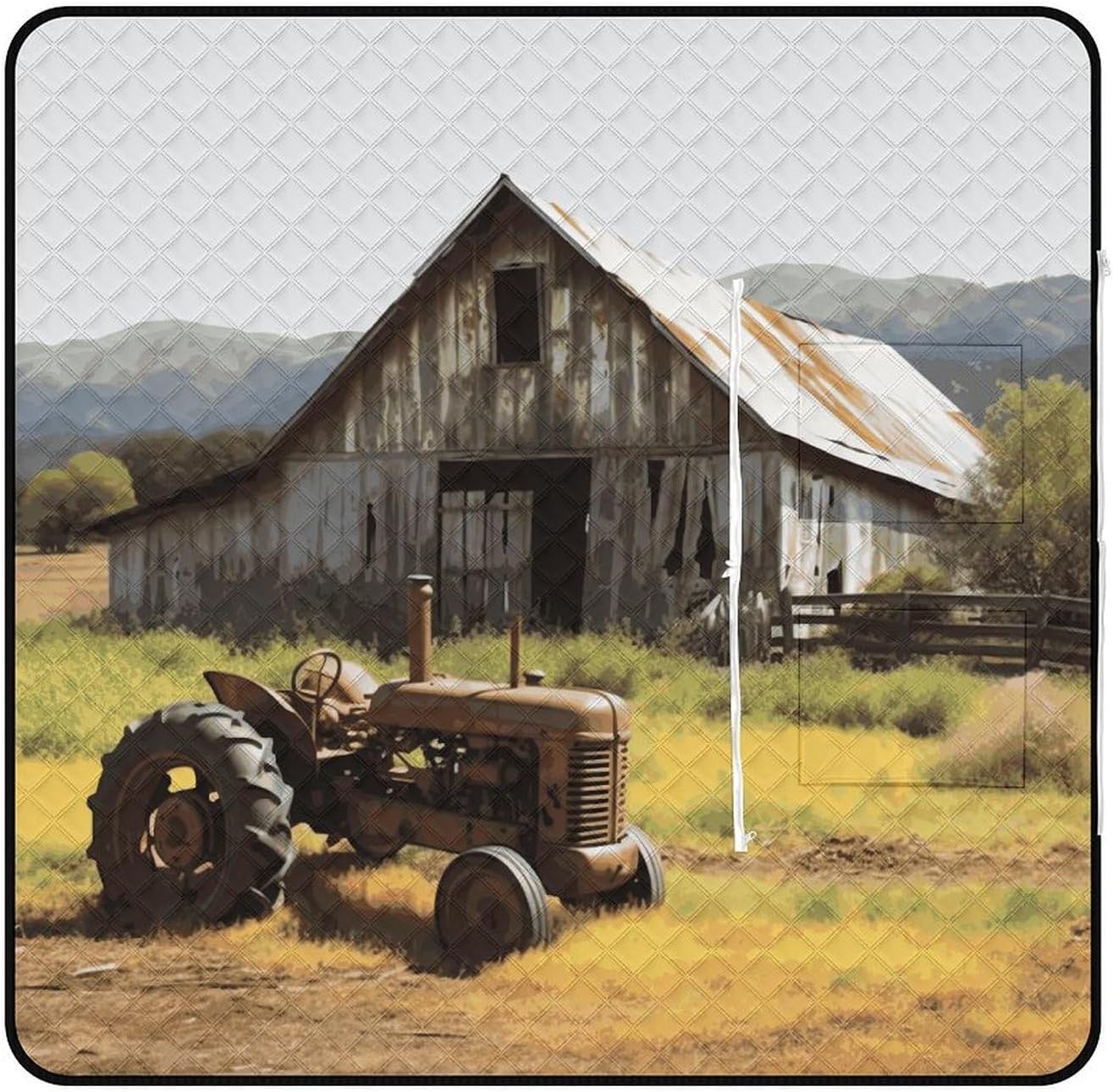 Old Wooden Barn with Rusted Tractor Picnic Blanket 150x150cm, Foldable 2-in-1 Picnic Mat and Tote Bag Portable Waterproof Beach Mat Sandproof Outdoor Blanket for Park, Hiking, Beach, Camping, Travel