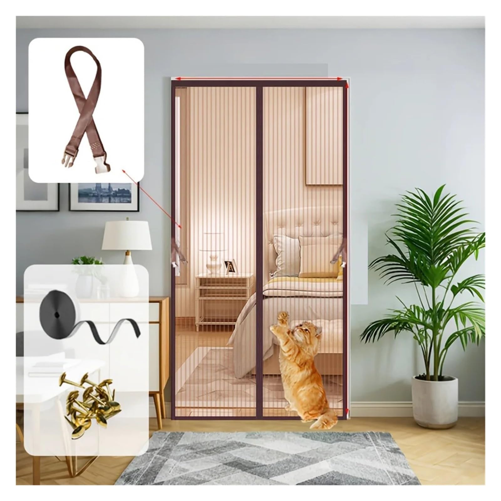 Moustiquaire magnétique porte terrasse rideau polyester marron 90x210cm auto-adhésif