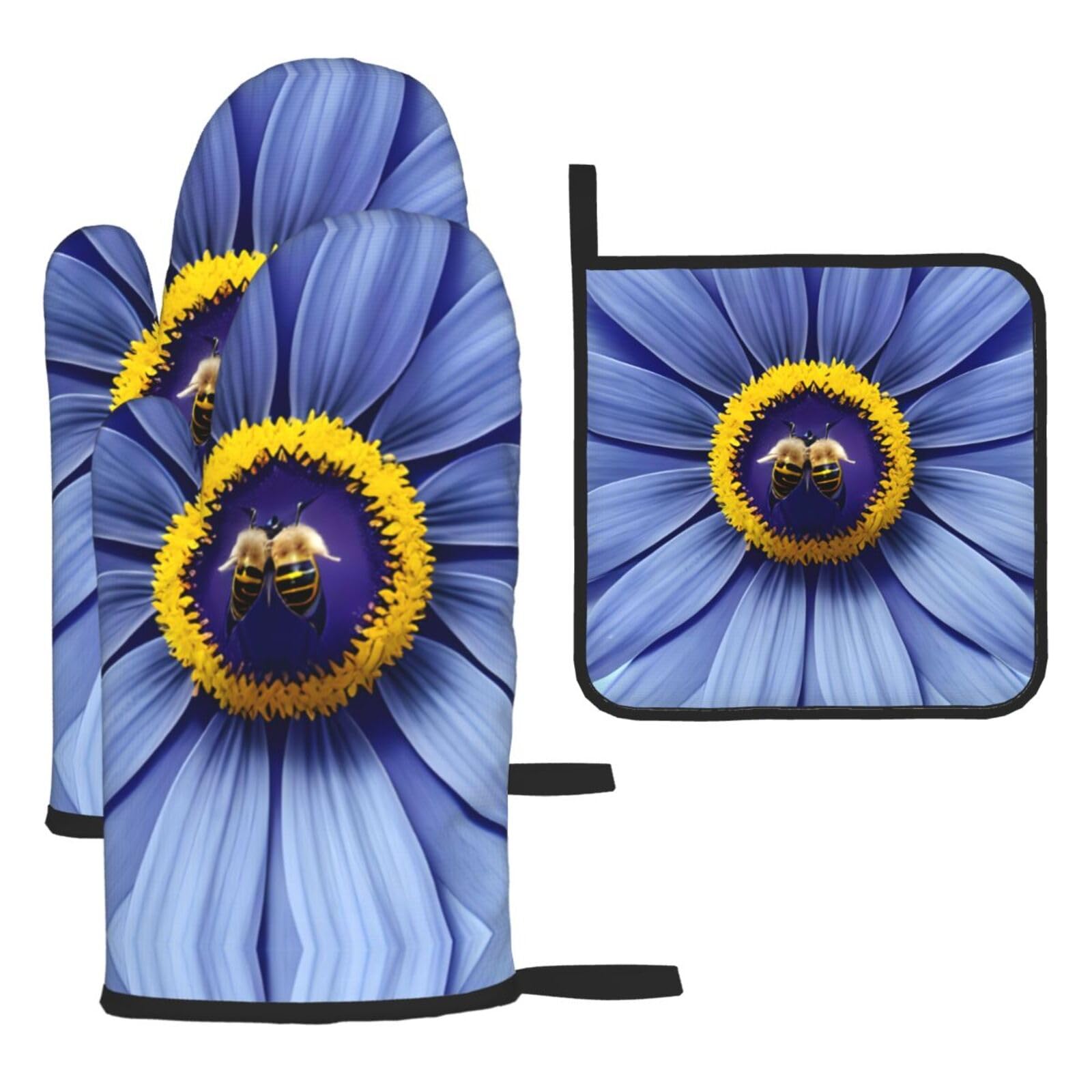 Flower heart bee Oven mittens and oven mitts three-piece set suitable for oven, grilling, baking, microwave and home cooking.