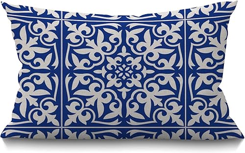 Smooffly Funda de almohada marroquí con diseño floral tradicional azul cobalto, cintura lumbar, algodón y lino, funda de cojín para sofá, decoración