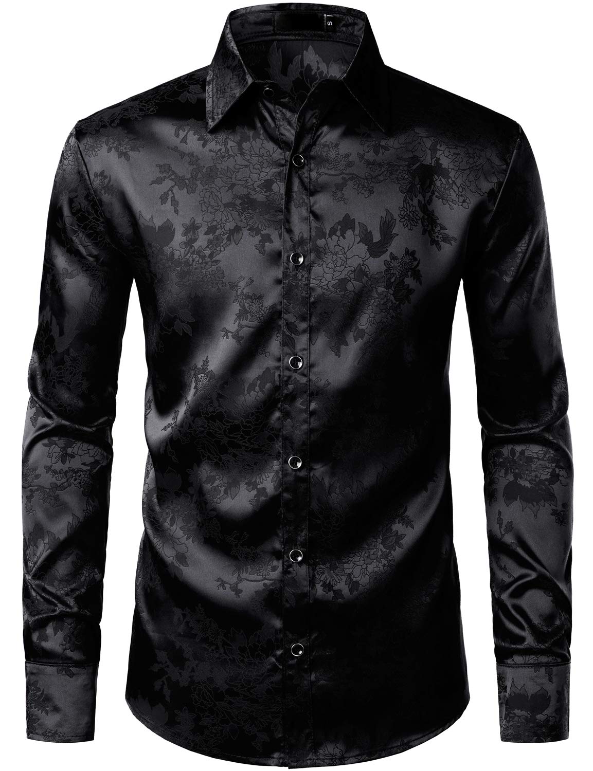 ZEROYAA Mens Shiny Satin Rose Floral Jacquard Long Sleeve Button Up Dress Shirts for Party Prom