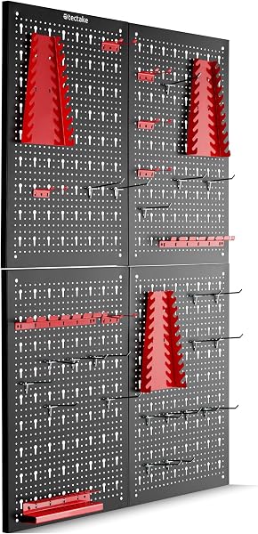 tectake® Panneau Mural Perforé Porte outils mural Lot de 4 Panneaux 160 x 2 x 60 cm 34 pcs Crochet & Supports, Extensible Système de rangement Outillage & visserie - 1