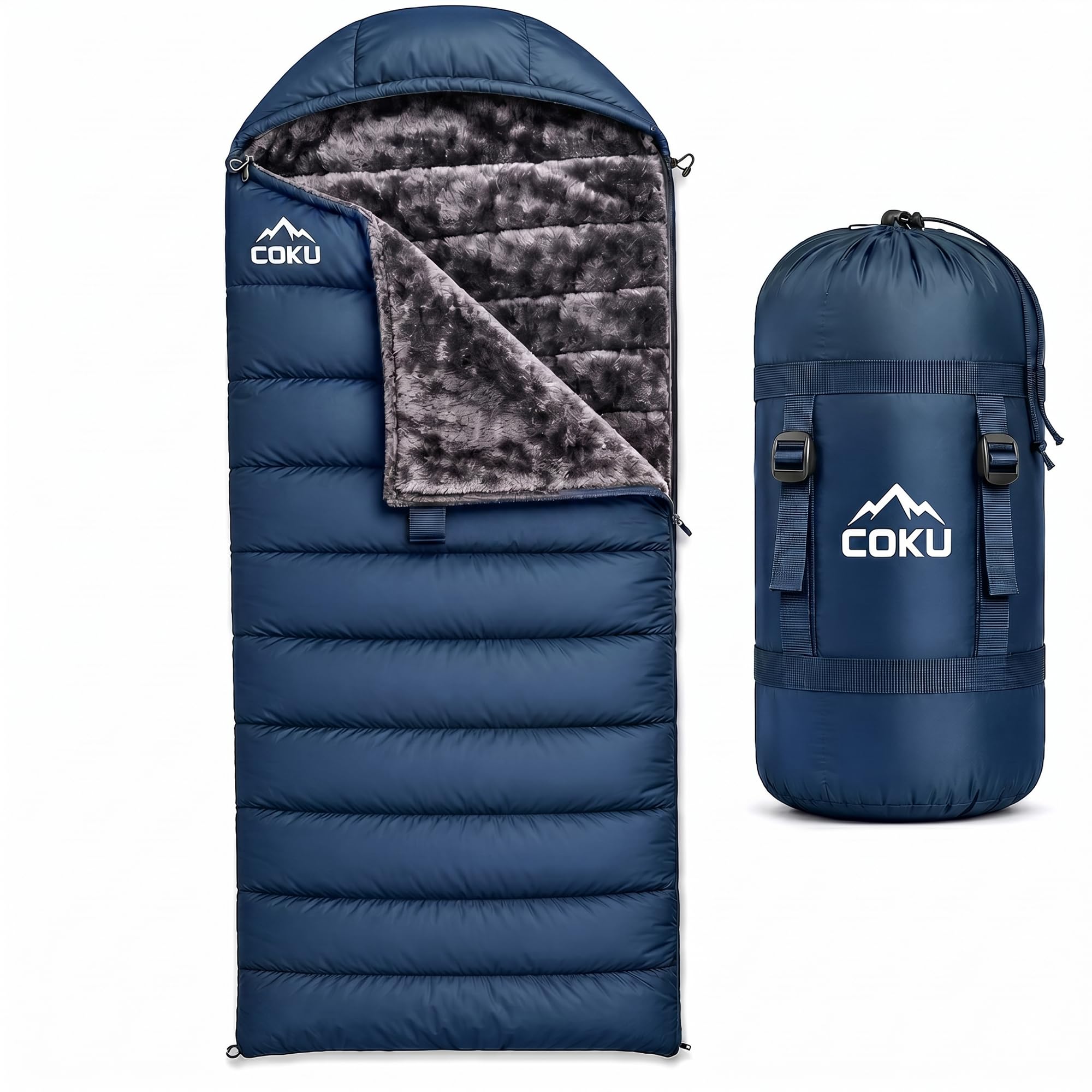 Coku Premium Camping Sleeping Bag, Up to 7.2 ft with Faux Fur Lining, Hooded Design, Lightweight & Compact with Fits Users Sleeping Bag (-5°C to +5°C) for Camping, Hiking & Travel (Blue)-image-38