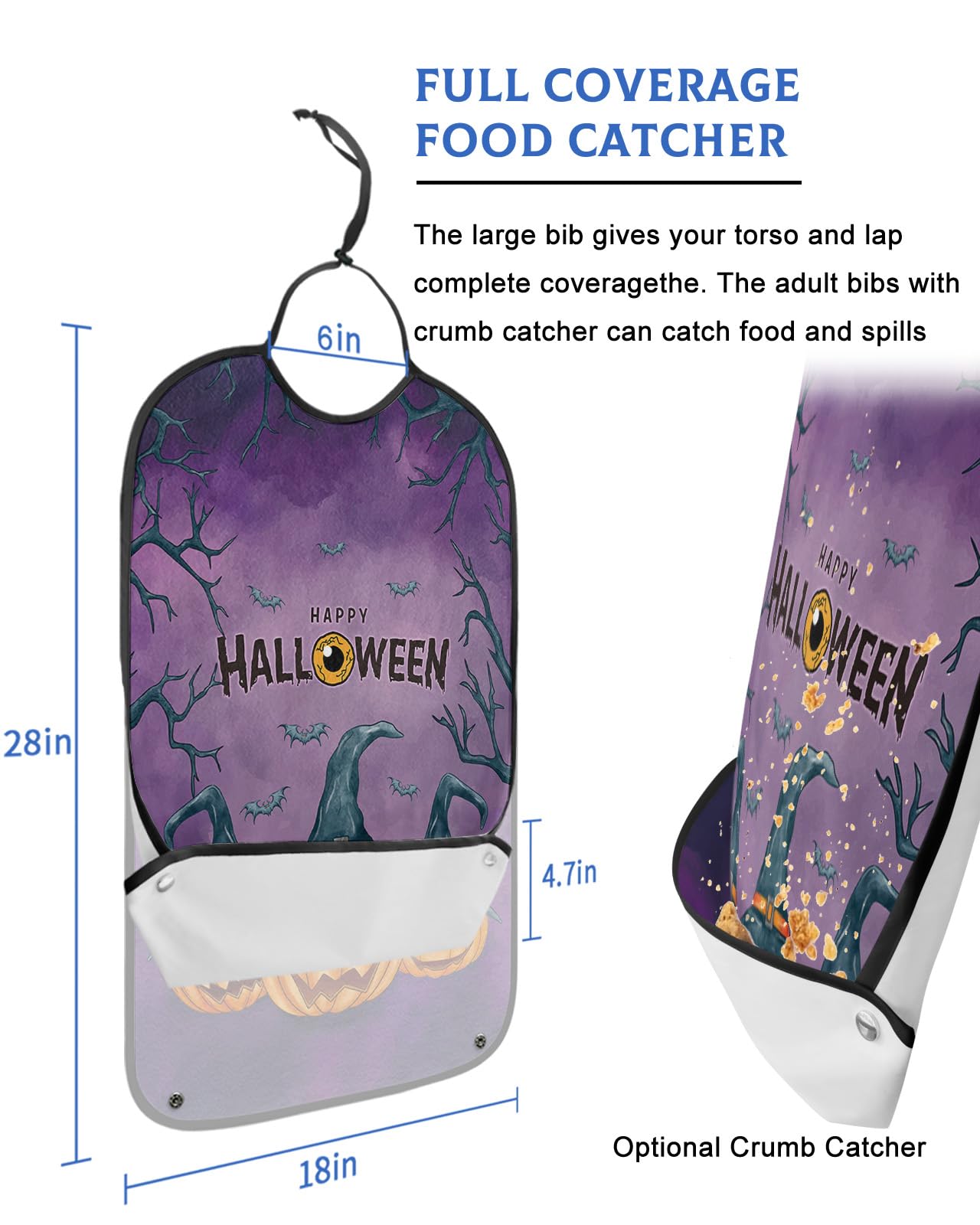 LEOKOTI Halloween Adult Bibs for Eating, Waterproof Bibs with Food Catcher & Adjustable Snap Closure, Purple Ombre Horror Pumpkin Bat Washable Clothing Protectors Adult Bibs for Elderly Women/Men