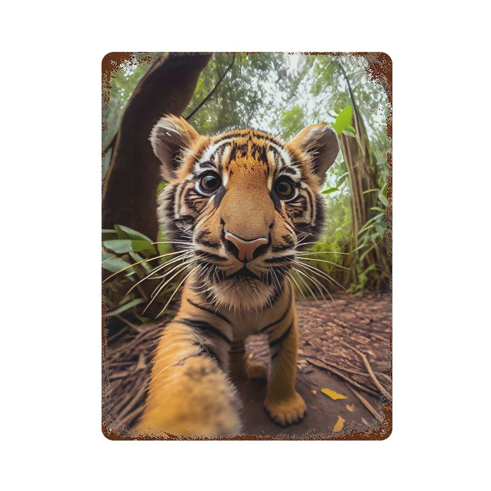 Retro Metal Sign with Selfie of A Young Tiger Design 15.7"x11.8", for Bistro, Counter And Cafe Decor, Shabby Chic Decor