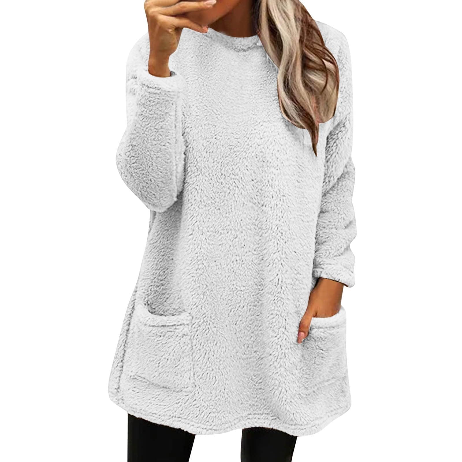 Long Sweaters for Women Cozy Fuzzy Turtleneck Sweater Fleece Sherpa Pullover Fall Mock Neck Sweatshirt With Pockets
