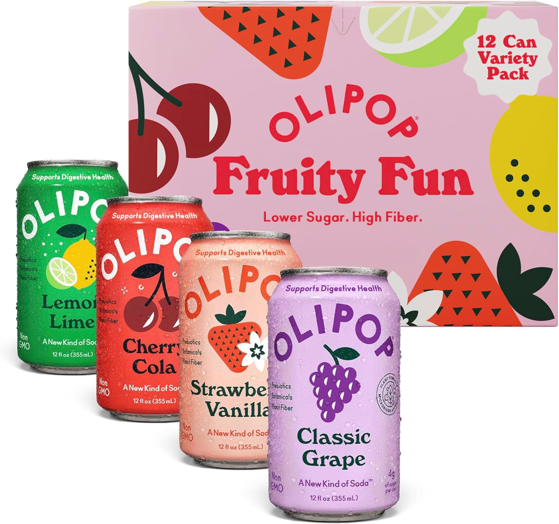 OLIPOP Prebiotic Soda Pop, Fruity Fun Variety, Pantry Pack Packed with Prebiotics, Fiber, and Botanicals, Gluten Free, GMO Free, 12oz (12-Cans)