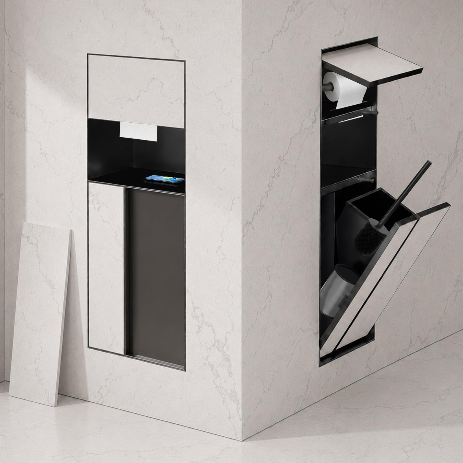 Befliesbar Unterputz Toilettenpapierhalter mit Mülleimer ＆ Bürste, Schwarz Edelstahl Unterputz WC Modul 4 in 1, Platz Sparen Bad Schrankmodul Badschrank mit Push to Open Türöffner