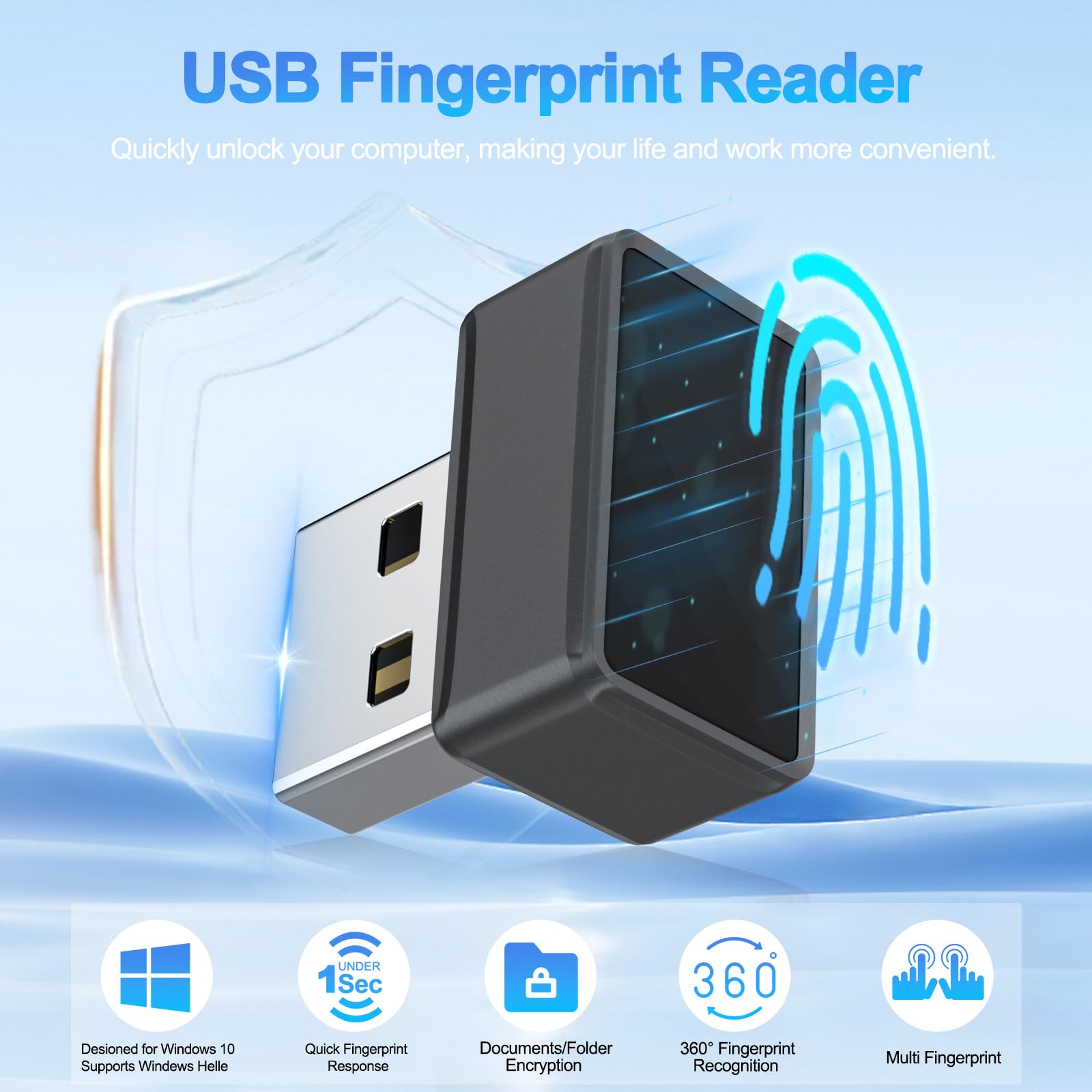 Rocketek Lecteur Empreinte Digitale USB-A pour Windows 10/11,Mini Lecteur Empreinte Digitale Windows Hello avec 360 Degrés Tactile,sans Mot de Passe et chiffrement des fichiers,Plug&Play