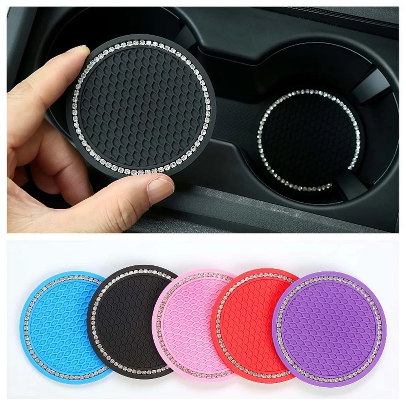 Podkładki samochodowe 10 szt. Antypoślizgowa gumowa mata na kubek z kryształkami 7cm(Black-a)