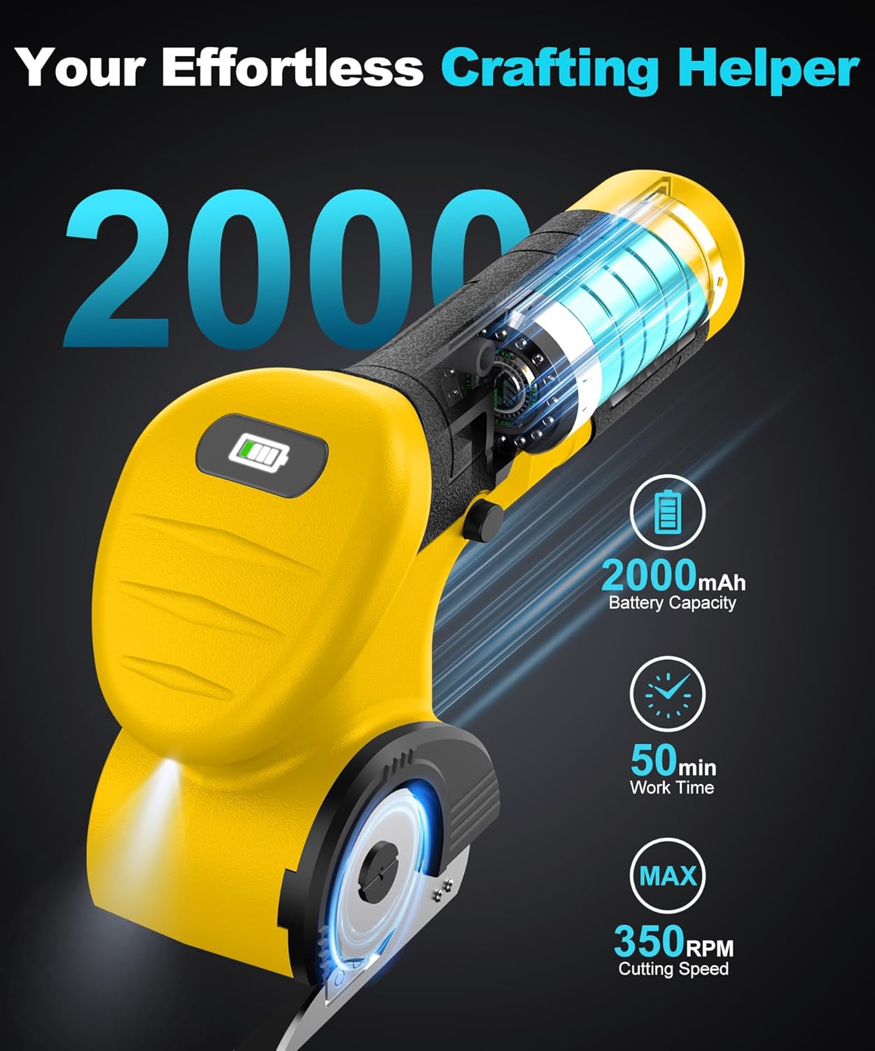 Cordless Electric Scissors, 2000mAh Fast Charging Rechargeable Fabric Cutter with Replaceable Blades, Box Cutter for Cloth, Cardboard, Plastic, Leather Yellow-black