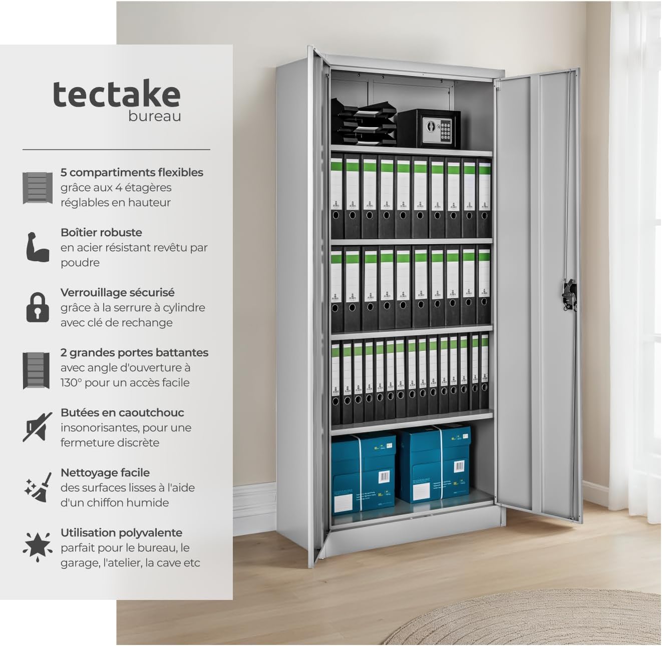 Diagram illustrating key features of the TecTake office cabinet, including adjustable compartments, robust casing, secure locking, reinforced doors, sound-dampening buffers, and easy cleaning.