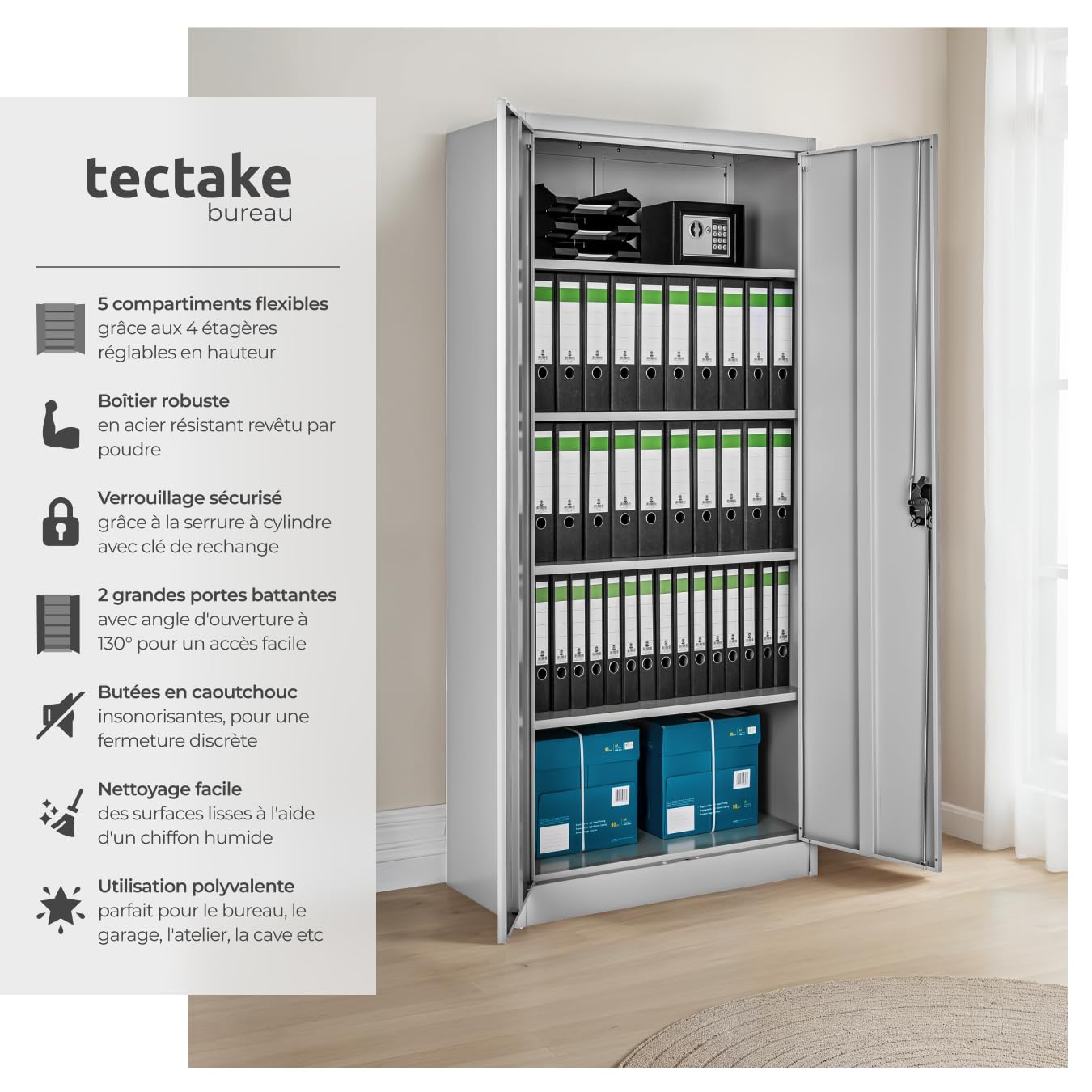 tectake Armoire de Bureau métallique 90 x 40 x 180 cm avec Serrure Rangement Bureau avec 5 Compartiments pour Classeur Rangement Documents Industriel Meuble 2 Portes, 4 Étagères Réglables en Hauteur